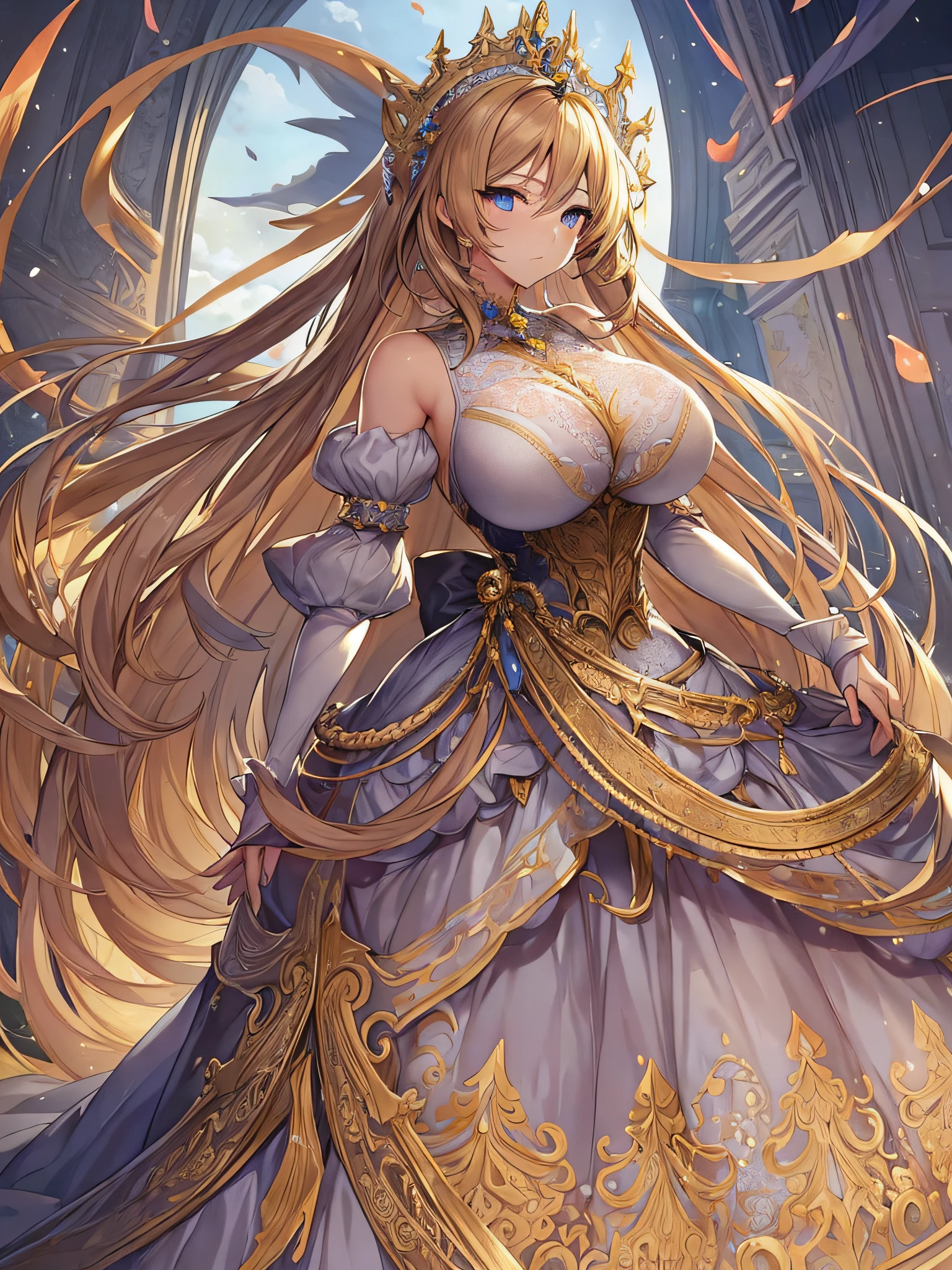 ((anime moe artstyle)),((Masterpiece)), (Best Quality), (Super Detail),Illustration,(Very Delicate and Beautiful),Dynamic Angle,Looking at viewer,(((Solo))),((Full body)),(((1 princess in gorgeous ball gown))),eregant pose,(Very Long Hair),gorgeous embroidery and lace,(gigantic breasts,Huge breasts,Bulging breasts,Long breasts),full length hoop skirt,((voluminous gorgeous ball gown)),