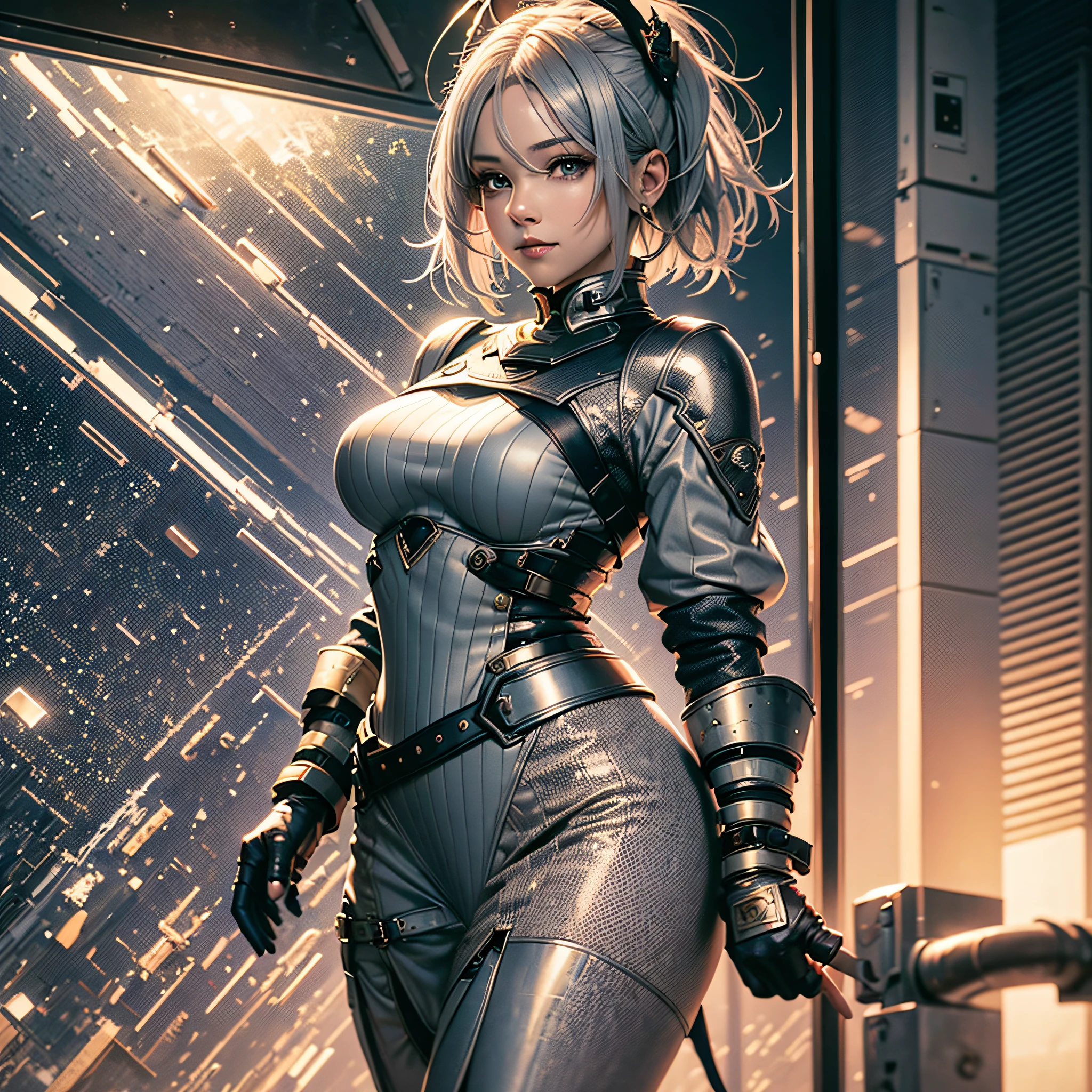 Full body, gray hair, (Dragoon: 1.2), Brant Bang, masterpiece, top quality, official art, very elaborate CG Unity 8K wallpaper, for girls, ultra high resolution, (photorealistic: 1.4), golden hour lighting, sweater dress, (upper body), (platinum shorthair: 0.8), (puffy eyes), looking at the viewer, frontal, smile, medium breasts, shirt lift, Gloves, shorthair