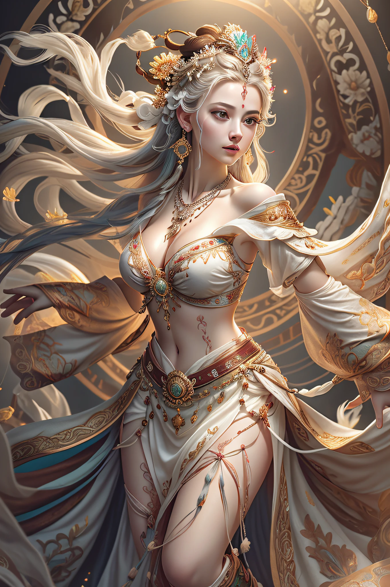 Best quality,masterpiece,ultra-detailed high res,(photorealistic:1.4),raw photo,,illustration,
1girl dancing,(solo:1.2),(cowboy shot:1.2),(hair crown:1.2),Traditional chinese dunhuang style clothes,Strapless,(white eyeliner:1.2),(big breasts:1.4), (v-neck:1.5), (big necklace:1.4), lace armour, earrings,dynamic angle,(clean white background:1.2),messy_long_hair,ink,cinematic lighting,lens_flare,Velvet,chrysanthemum,Tassel,Ribbon,color embroidery,(full body shot:1.4),light studio,backlight, front light,difuse light
