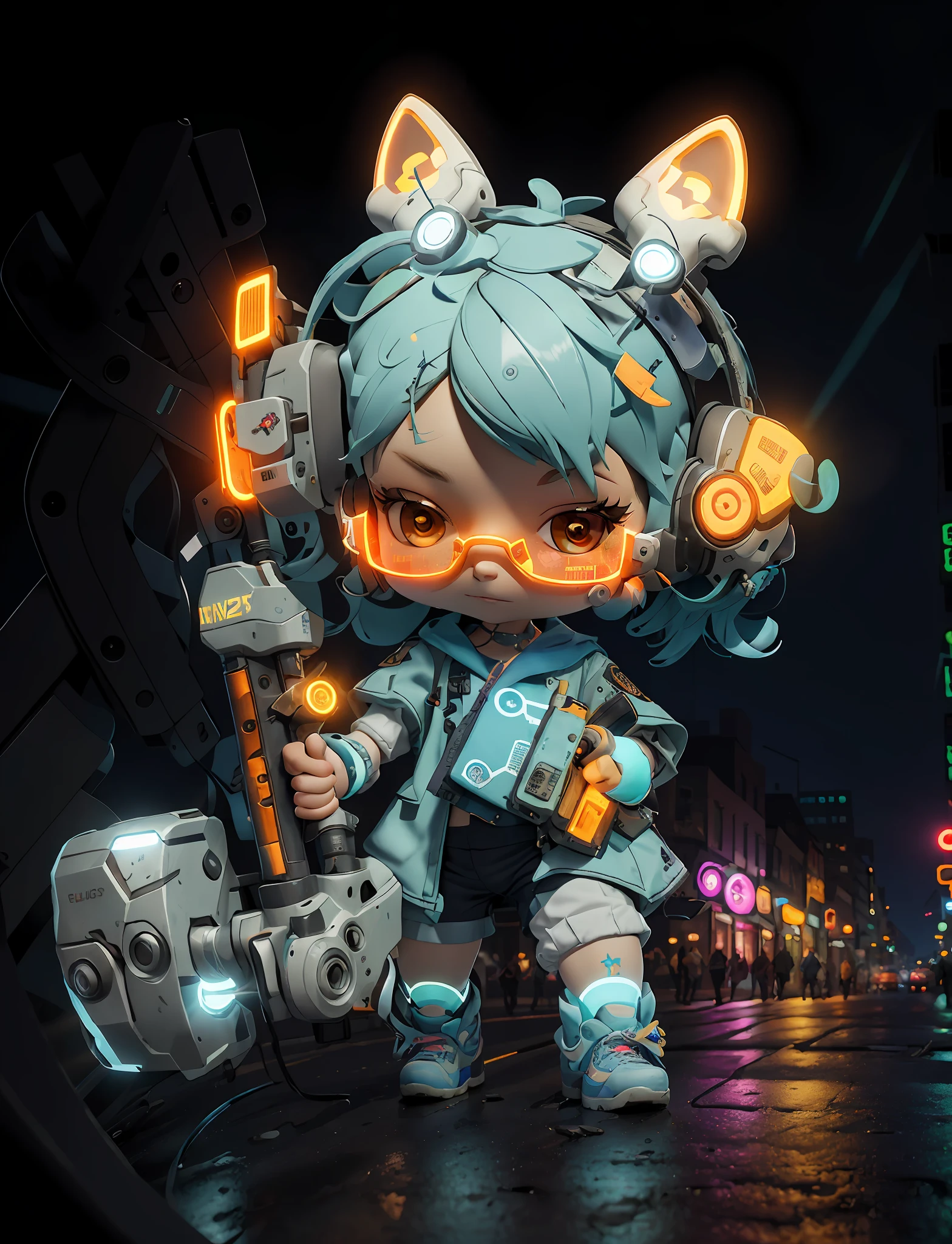 Masterpiece, HD, High Quality, Detailed Details, High Quality, (****, Firearms, Glasses, Ear Hairpins, Tactical Headphones), (Blue Hair, Nice Clothes, Detail Layering: 1.2), Rich Details, Bow Shoes, Fine Clothes, Depth of Field, Contour Light, Backlight, ((Cyberpunk Street View, Main Street, Night, Under Street Lights, Glowing Weapons: 1.2)), Real Light and Shadow Changes, Police Car,