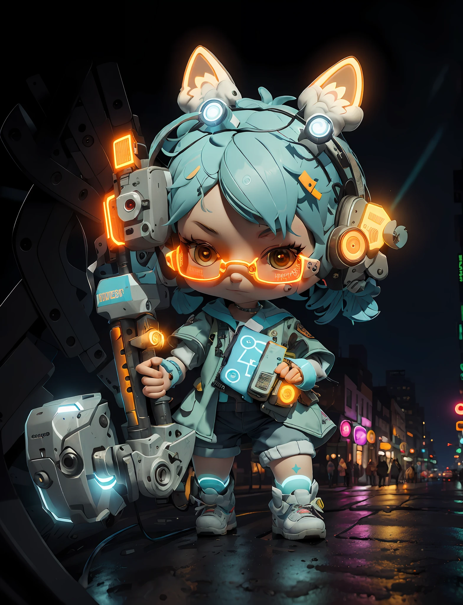 Masterpiece, HD, High Quality, Detailed Details, High Quality, (Loli, Firearms, Glasses, Ear Hairpins, Tactical Headphones), (Blue Hair, Nice Clothes, Detail Layering: 1.2), Rich Details, Bow Shoes, Fine Clothes, Depth of Field, Contour Light, Backlight, ((Cyberpunk Street View, Main Street, Night, Under Street Lights, Glowing Weapons: 1.2)), Real Light and Shadow Changes, Police Car,