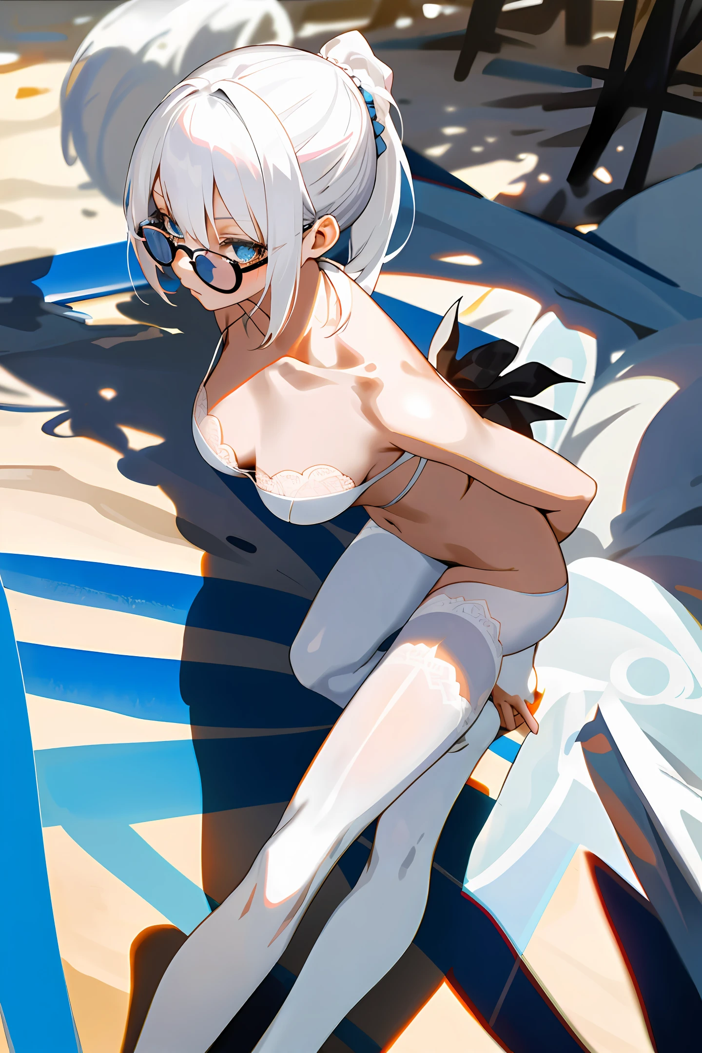 Anime, Eminence in the shadows, White hair , girl, nude,, Beach, White stockings with lace, black bra with lace, ponytail hairstyle To the waist, Bottom-up rear view, blue Cat eyes, Black glasses without glass