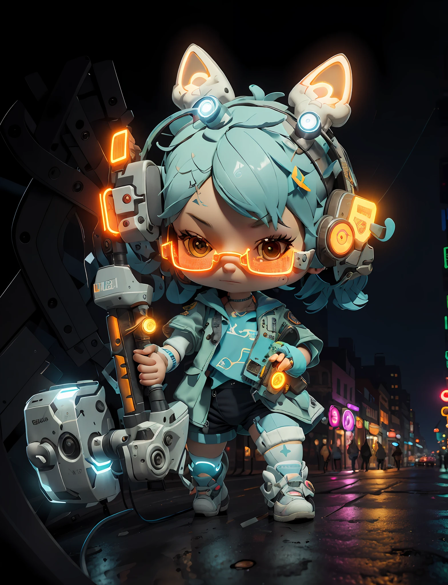 Masterpiece, HD, High Quality, Detailed Details, High Quality, (****, Firearms, Glasses, Ear Hairpins, Tactical Headphones), (Blue Hair, Nice Clothes, Detail Layering: 1.2), Rich Details, Bow Shoes, Fine Clothes, Depth of Field, Contour Light, Backlight, ((Cyberpunk Street View, Main Street, Night, Under Street Lights, Glowing Weapons: 1.2)), Real Light and Shadow Changes, Police Car,