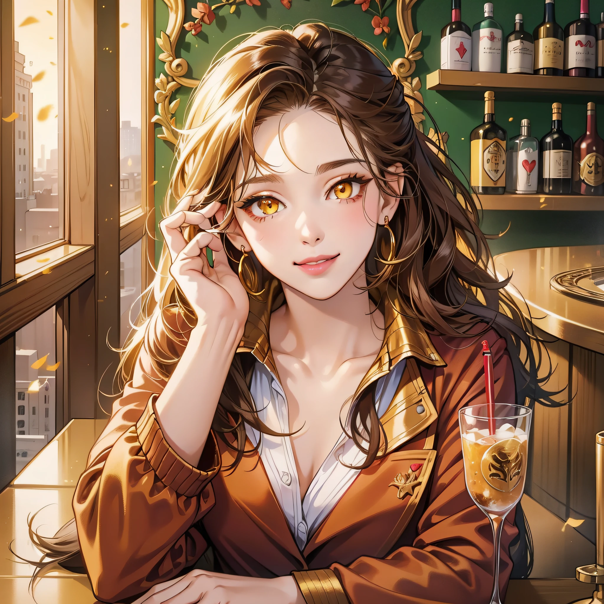Cupid, goddess of love, brunette, ((glowing golden yellow eyes)), charming, beautiful face, lipstick, red jacket, 8k, masterpiece, headshot, portrait, greek goddess, messy hair, sitting alone at a bar, business casual, medium length hair, full lips, smiling, holding a drink