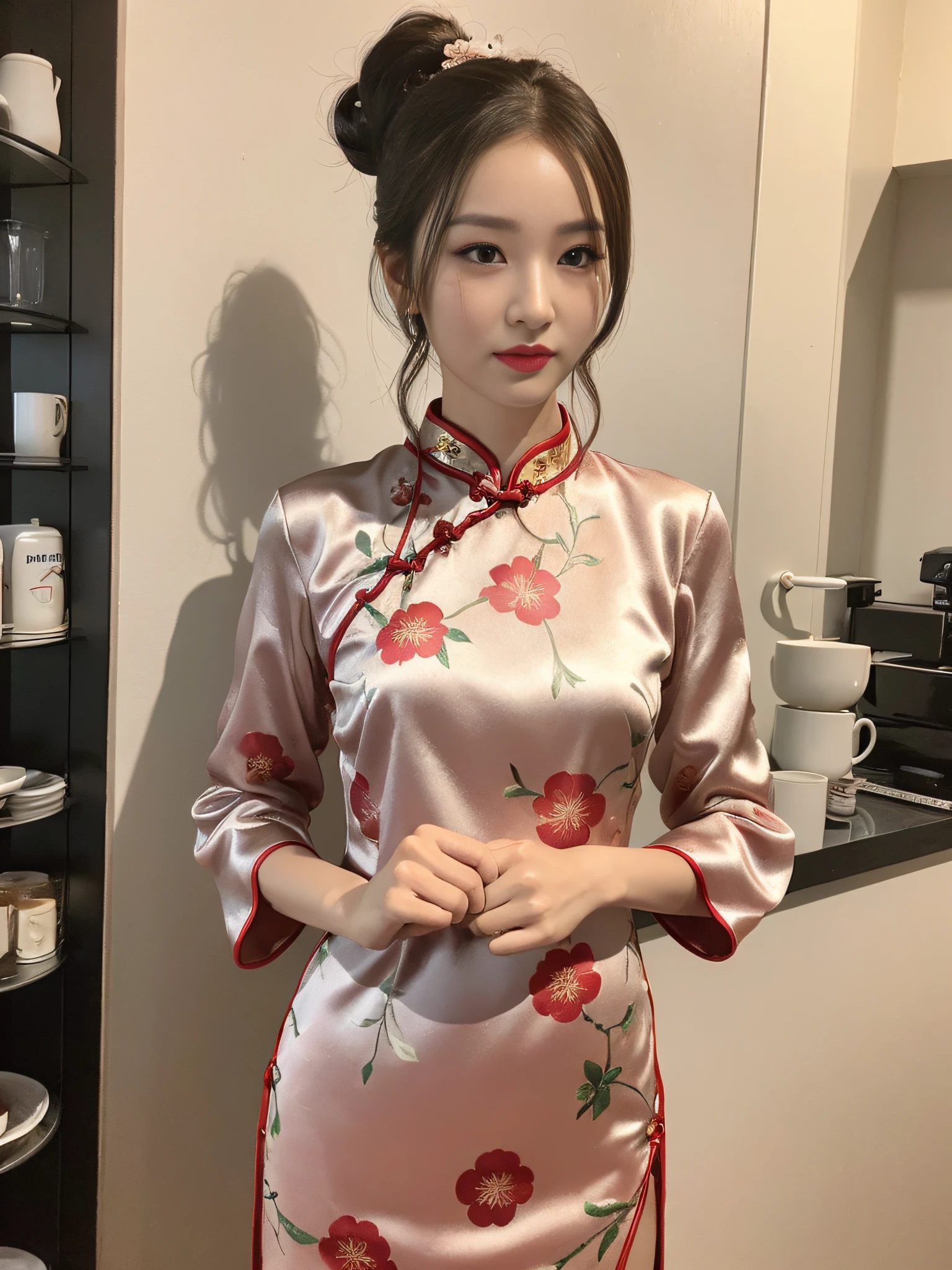 ((Best Quality, 8K, Masterpiece: 1.3)), Focus: 1.2, Cheongsam Wearing, Small Flower Print, Split End, Full Body Photo, Long Legs, Overall View, Cafe Wall, Highly Detailed Face and Skin Texture, Detailed Eyes, Double Eyelids, Whitened Skin, Long Ponytail