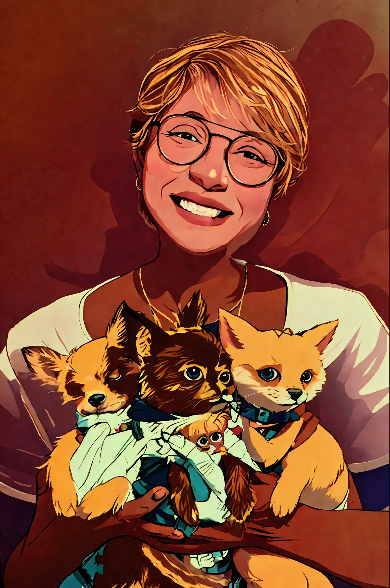 there is a blonde woman wearing glasses and holding three chihuhauas in her arms, with chihuhauas, by Nándor Katona, malika favre, by Miroslava Sviridova, by Judith Gutierrez, by Amelia Peláez, by Nishida Shun'ei, nancy grossman, by Verónica Ruiz de Velasco, fernanda suarez, high-quality, cute portrait!!