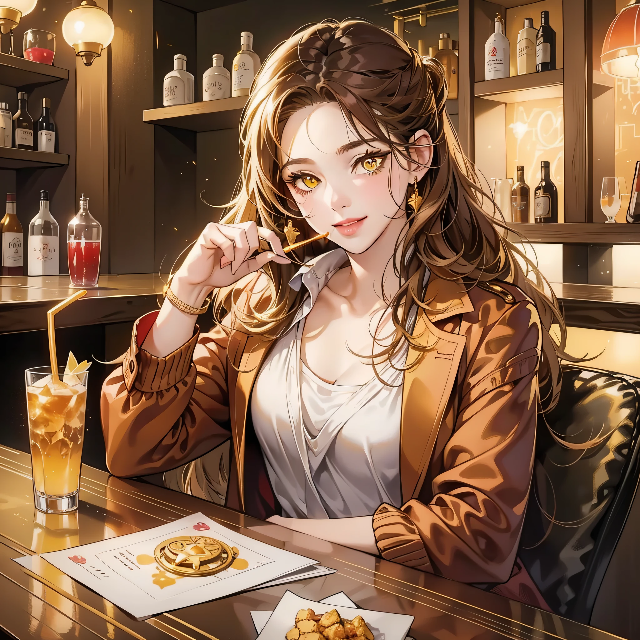 Cupid, goddess of love, brunette, ((glowing golden yellow eyes)), charming, beautiful face, lipstick, red jacket, 8k, masterpiece, headshot, portrait, greek goddess, messy hair, sitting alone at a bar, business casual, medium length hair, full lips, smiling, holding a drink
