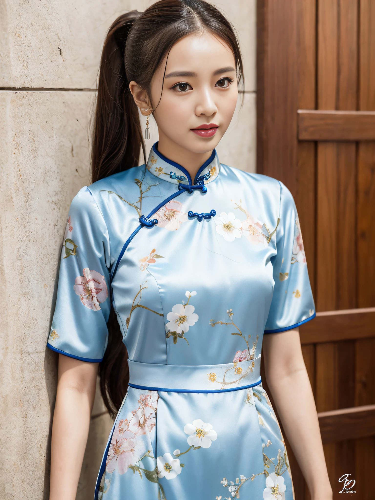 ((Best Quality, 8K, Masterpiece: 1.3)), Focus: 1.2, Cheongsam Wearing, Small Flower Print, Split End, Full Body Photo, Long Legs, Overall View, Cafe Wall, Highly Detailed Face and Skin Texture, Detailed Eyes, Double Eyelids, Whitened Skin, Long Ponytail