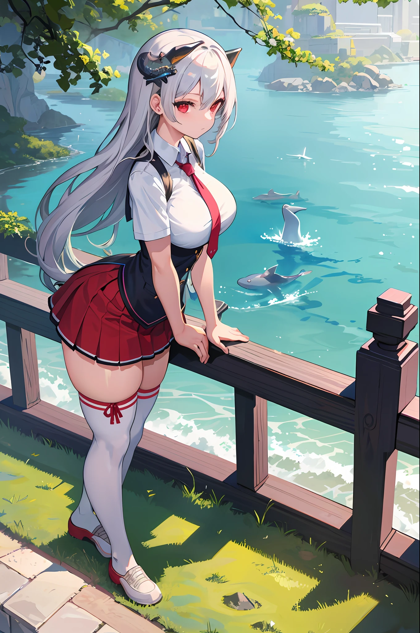 masterpiece, best quality, high_resolution, fine details, very detailed and beautiful, distinct_image, curvy,1 girl, solo, from above, silver hair, red eyes, dragon horns, (huge breasts), (),outdoor,, dolphin shorts, back arms,school uniform,thighhigh,miniskirt