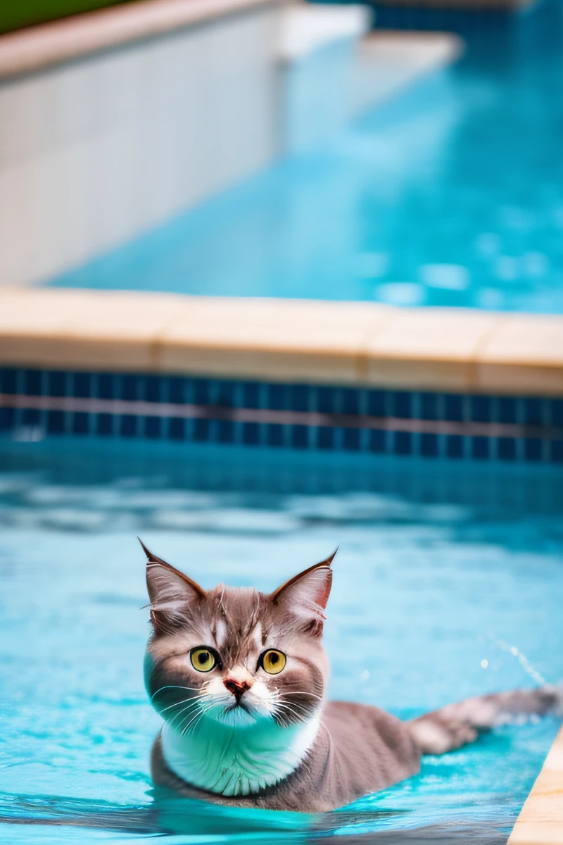 Cute Ameriican Curl cat kitten, swimming in the pool,eos r3,35mm