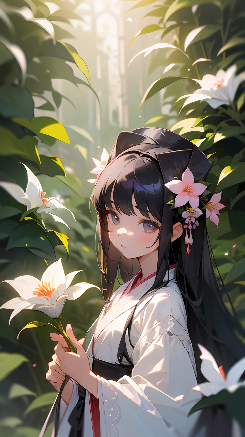 ( girl: 1.5), lace, ribbon, Hanfu, (masterpiece, side light, delicate and beautiful gray eyes: 1.2), masterpiece, realistic, glowing eyes, shiny hair, black hair, long hair, shiny skin, solo, awkward, tube top, delicate, beautiful, garden, flowers, fluttering petals,