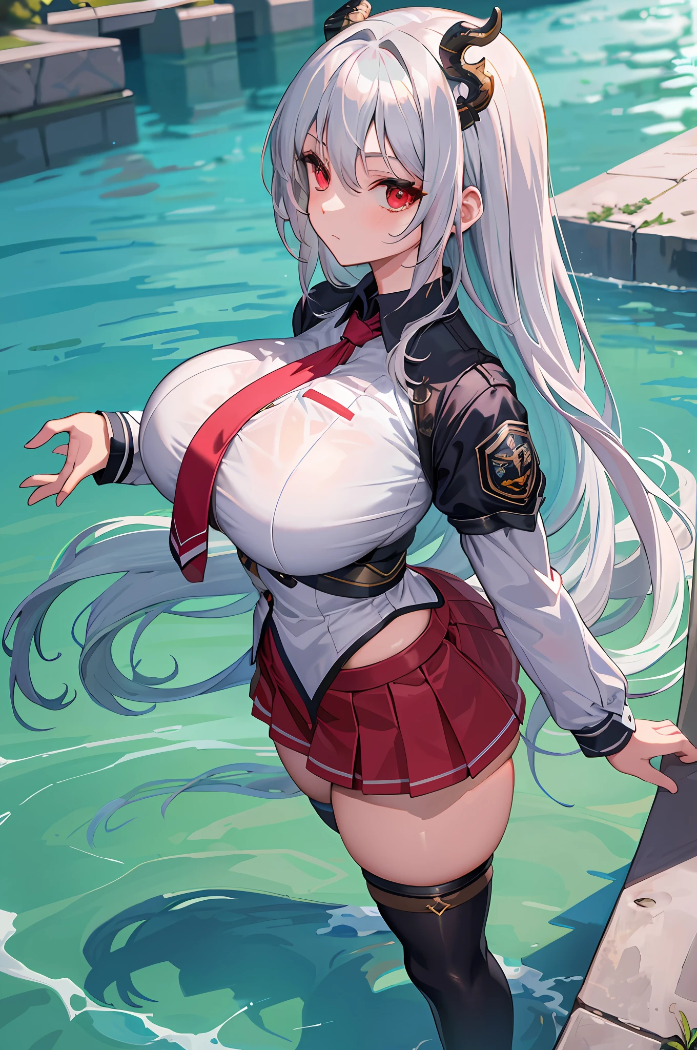 masterpiece, best quality, high_resolution, fine details, very detailed and beautiful, distinct_image, curvy,1 girl, solo, from above, silver hair, red eyes, dragon horns, (huge breasts), (),outdoor,, dolphin shorts, back arms,school uniform,thighhigh,miniskirt