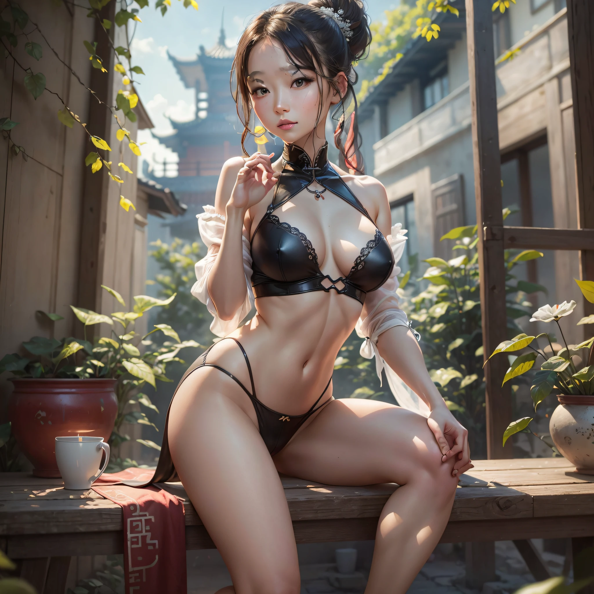 best quality, masterpiece, alta_res, 1girl,Chinese, beautiful face, (realistic photo: 1.3), edge lighting, (highly detailed skin: 1.2), 8k uhd, dslr, high quality, high resolution, 4k, 8k, Bokeh, medium breasts, absurd, contorted ponytail, best ratio four fingers and a thumb, (realistic:1.2),semi-transparent clothing,short clothes. --auto --s2