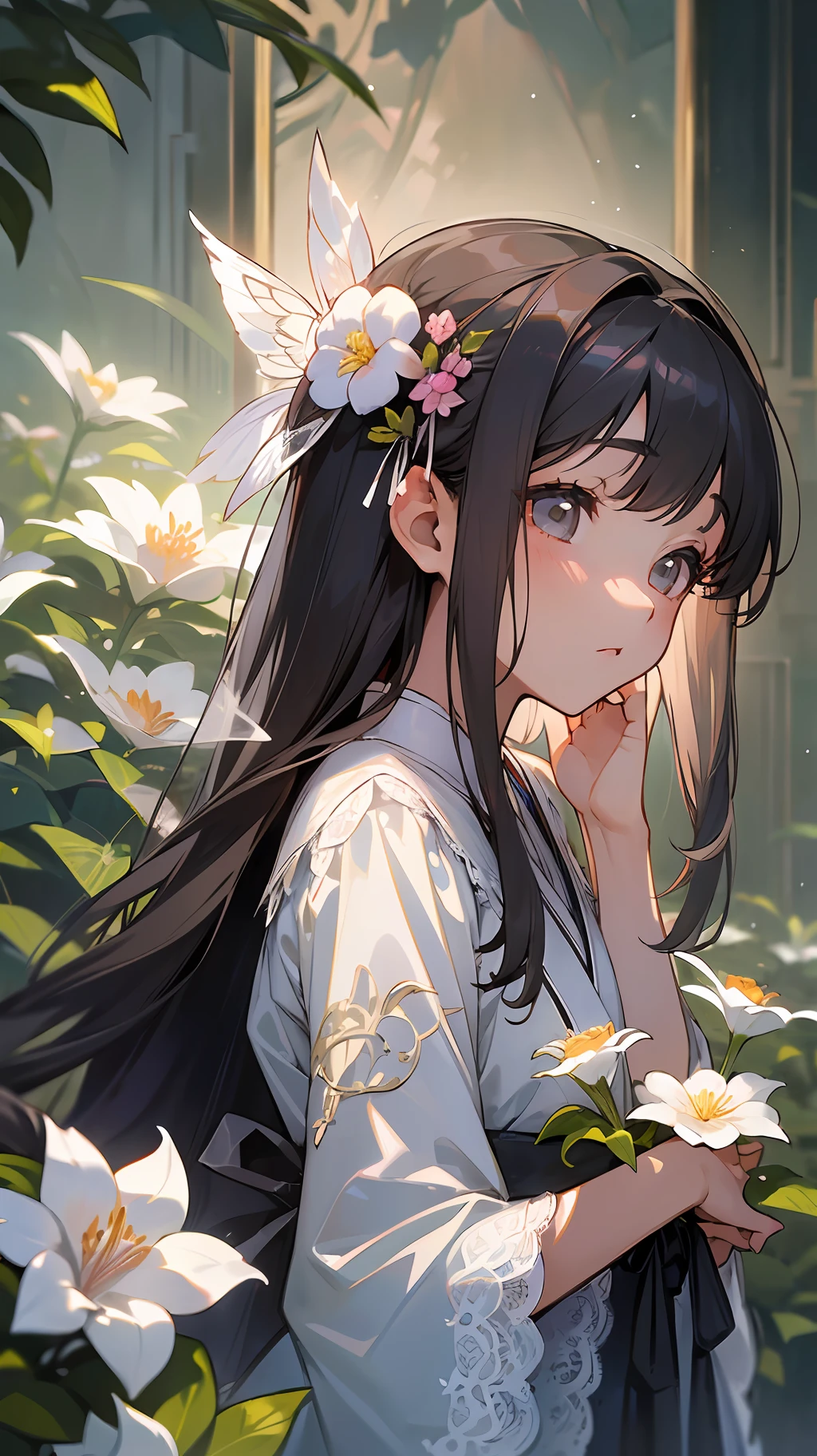 (Little girl: 1.5), lace, ribbon, Hanfu, (masterpiece, side light, delicate and beautiful gray eyes: 1.2), masterpiece, realistic, glowing eyes, shiny hair, dark hair, long hair, shiny skin, solo, awkward, strapless, delicate, beautiful, garden, flowers, fluttering petals,