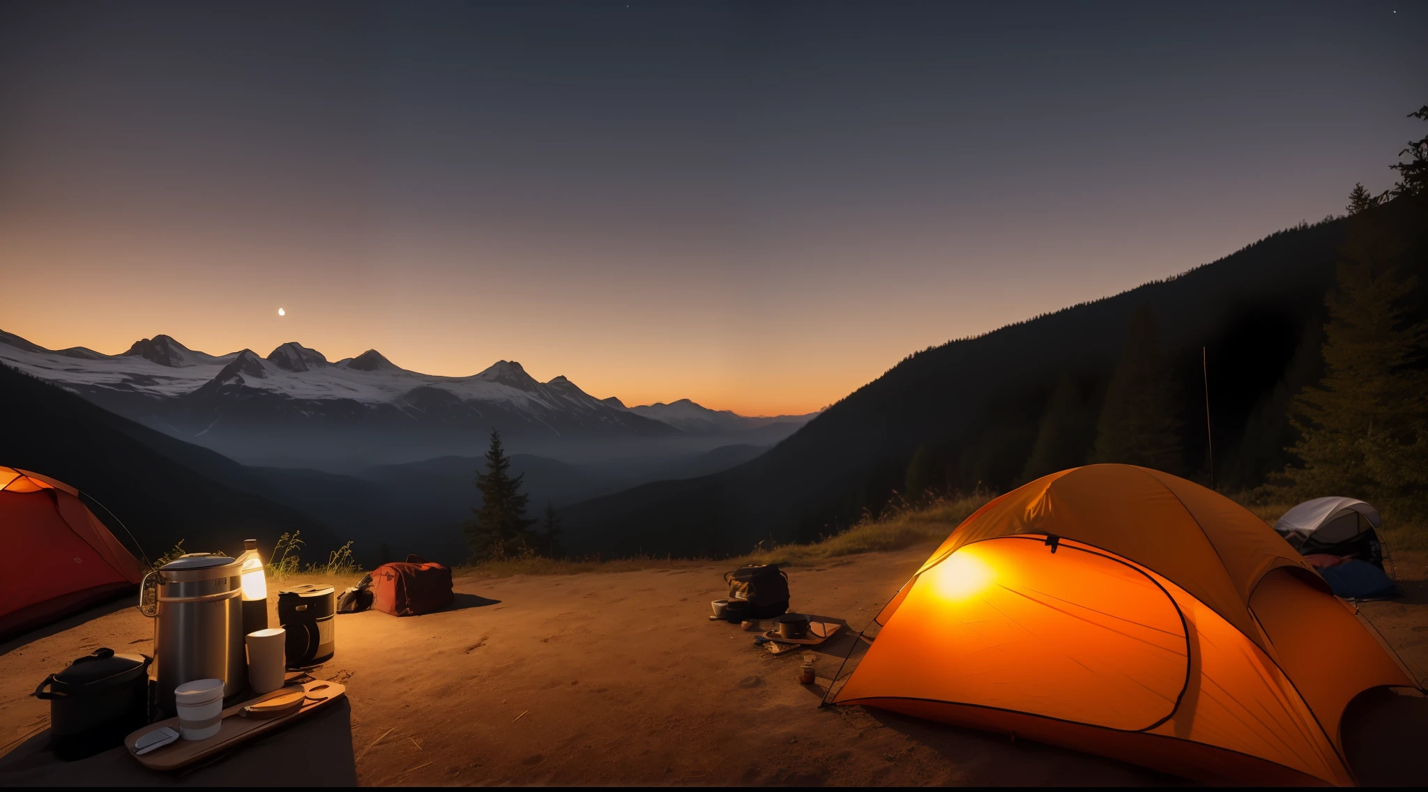 picnic, coffee, hand brewed coffee, masterpiece, best quality, super detailed, outdoor, (night), mountain, nature, (stars, moon), backpack, sleeping bag, camping stove, water bottle, flashlight, forest, rocks, river, wood, smoke, shadow, contrast, clear sky, simulation style (film grain: 1.3), (warm tone, warm tone: 1.2), close up, cinematic light, side light, super high resolution, best shadow, raw