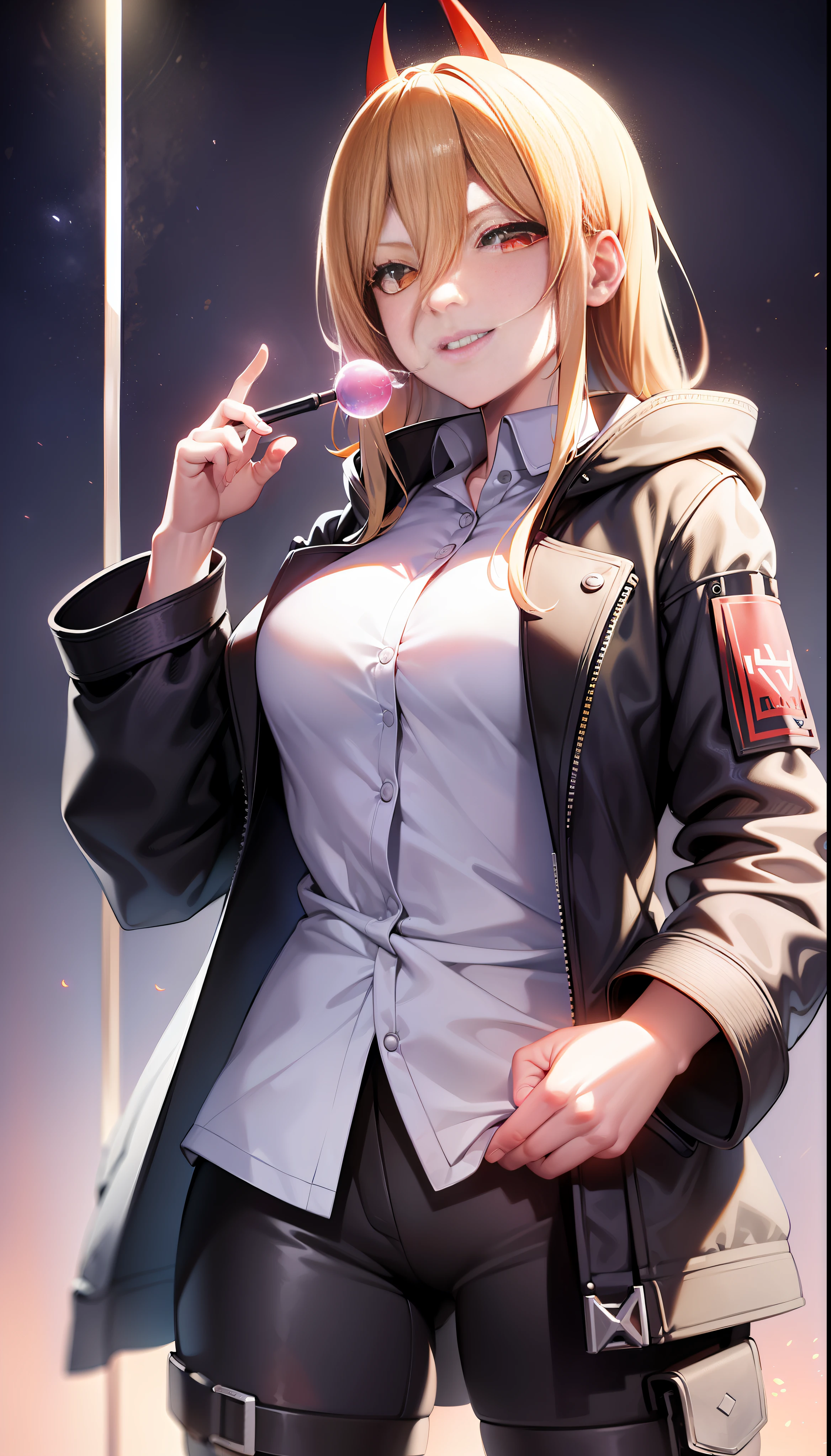 Yellow hair, scythe, a girl blowing bubble gum with her hands in her pocket, red eyes (detailed depiction), evil smile, white shirt, black coat, trousers, (Shibuya: 1.4), (night light: 1.4), (thick body: 1.4), (long blonde hair: 1.4), HDR (high dynamic range), ray tracing, NVIDIA RTX, super resolution, Unreal 5, subsurface scattering, PBR textures, post-processing, anisotropic filtering, depth of field, maximum sharpness and sharpness, multi-layer textures, albedo and specular mapping, surface shading, accurate simulation of light-material interactions, octane rendering, duotone lighting, low ISO, white balance, rule of thirds, large aperture, 8K RAW, (luminous particles: 1.4), {{masterpiece, best quality, extremely detailed CG, Unity 8k wallpaper, 3D, cinematic lighting, lens flare}},