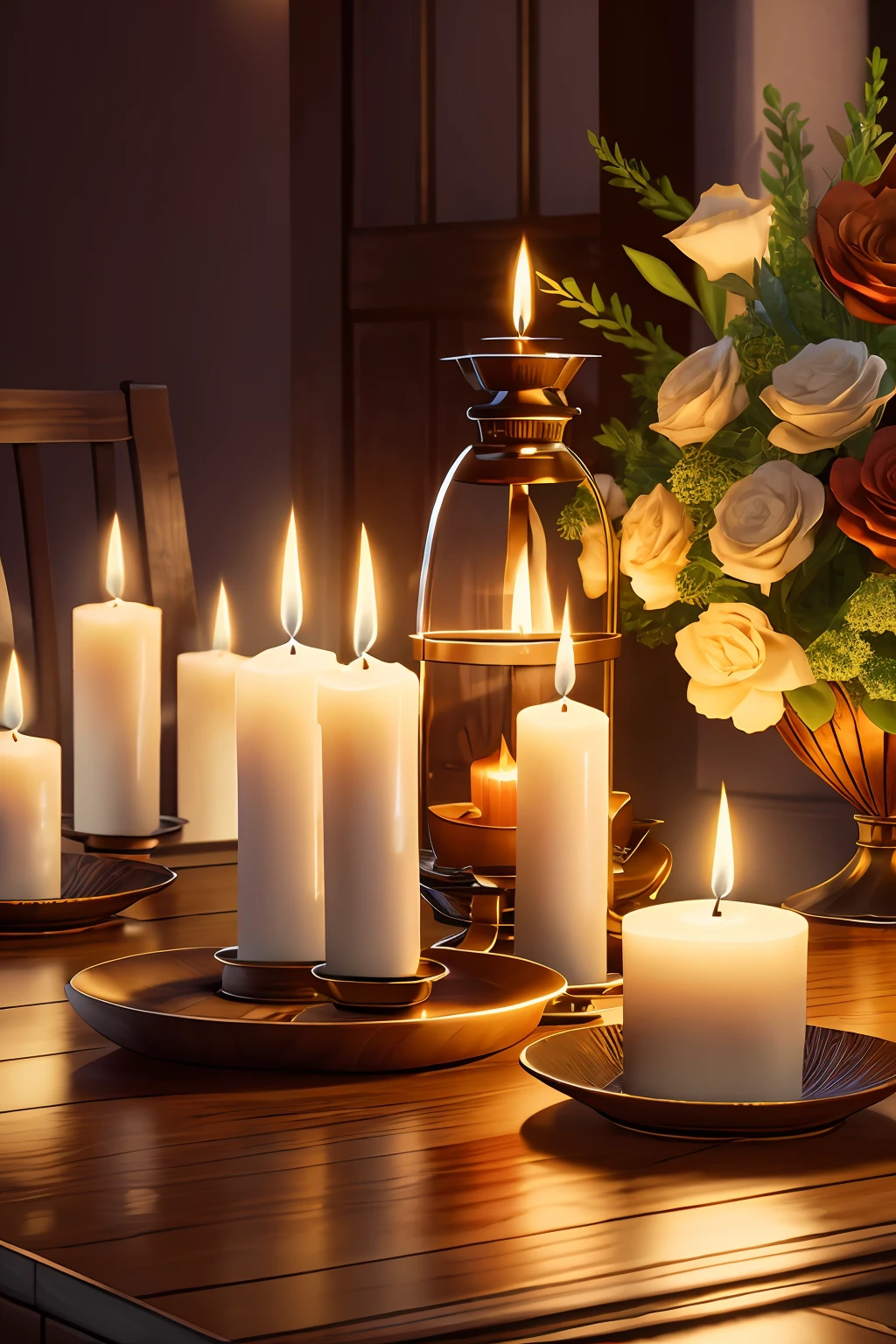 burning aromatic candles adorn the table with a splendid candlelight dinner, warm and homely atmosphere, varnished wooden table reflecting the candlelight. highly detailed, unreal engine, UHD, photorealistic, realistic high definition, HDR, High octane render, 4k 8k --auto --s2