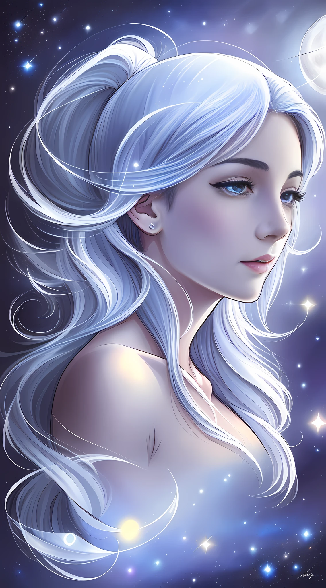 Masterpiece, (Best Quality: 1.2), (Super Fine: 1.2), Illustration, (Extremely Delicate and Beautiful: 1.2), Film Angle, Floating, (Beautiful Detail Eye: 1.1), (Detail Light: 1.1), Film Lights, Delicate Sky, Woman, White Hair, Blue Eyes, (High Ponytail: 1.1), Cloak, Glowing Eyes, (Moon: 1.2), (Moonlight: 1.1), Starry Sky, (Light Particles: 1.1), Fog , snow painting, sketching, blooming