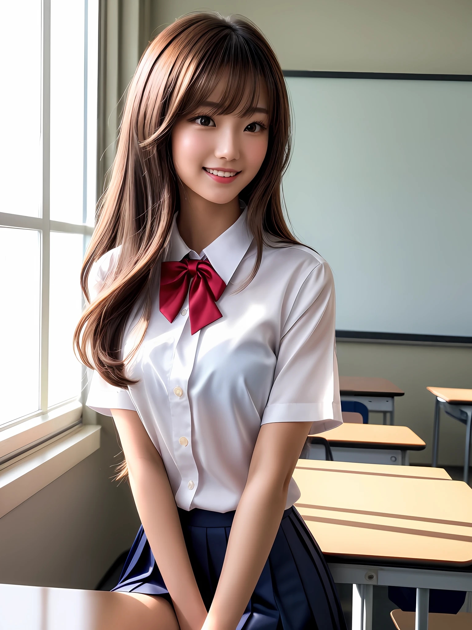 masterpiece, upper body shot, front view, a Japanese young pretty woman, sitting on a desk in the classroom with a big smile, glamorous figure, wearing a short sleeves white collared silky shirt with shiny red satin plain bow tie, wearing a long length dark blue pleated skirt, hyper cute face, glossy lips, double eyelids in both eyes, Natural makeup, long eyelashes, shiny smooth light brown hair of medium length, asymmetrical bangs, tanned skin, in the classroom, head frame, central image, 8K resolution, high detail, detailed hairstyle, Detailed Face, spectacular cinematic lighting, octane rendering, vibrant, hyper realistic, perfect limbs, perfect anatomy