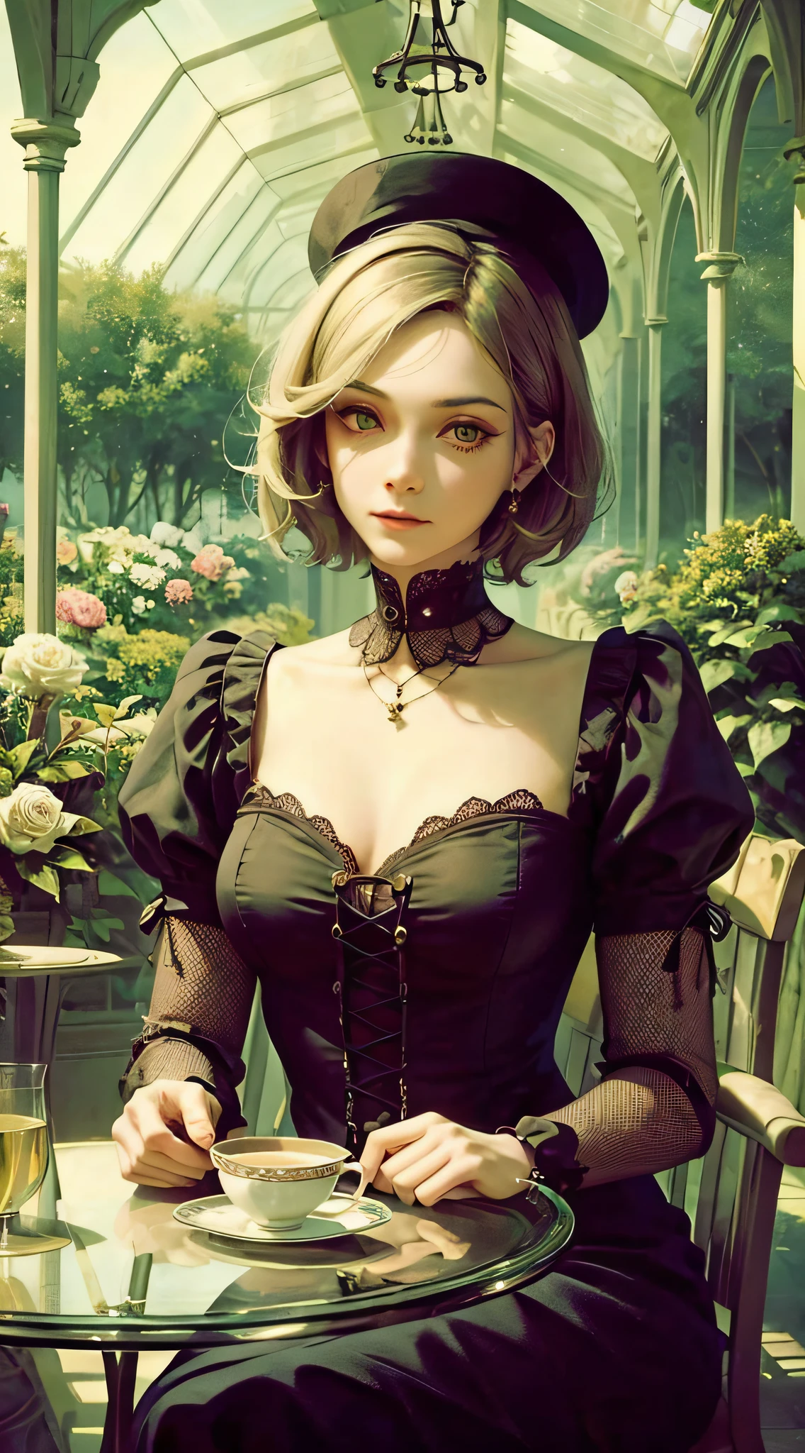 Victorian Punk AI fashion , detail, complex, glass-enclosed greenhouse botanical garden, flowers, afternoon tea, one elderly woman sitting drinking tea across ivory table