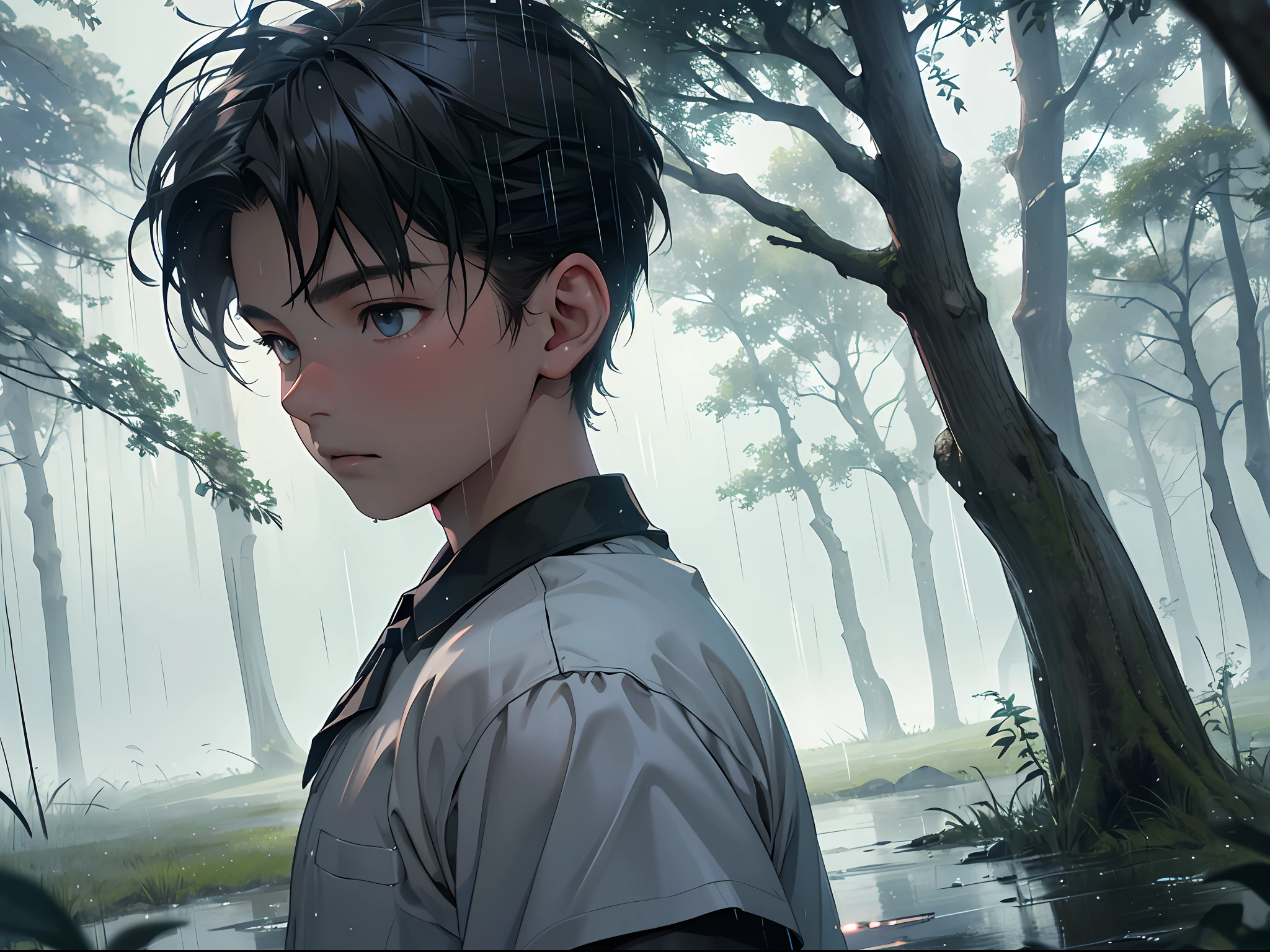 Cinematic texture, masterpiece, exquisite, 8k resolution, super detailed, high quality, night, heavy rain, large raindrops, grass, a big tree, a boy standing under a tree, short sleeves, , delicate facial features, clear expression, side face, head down, sadness, far shot