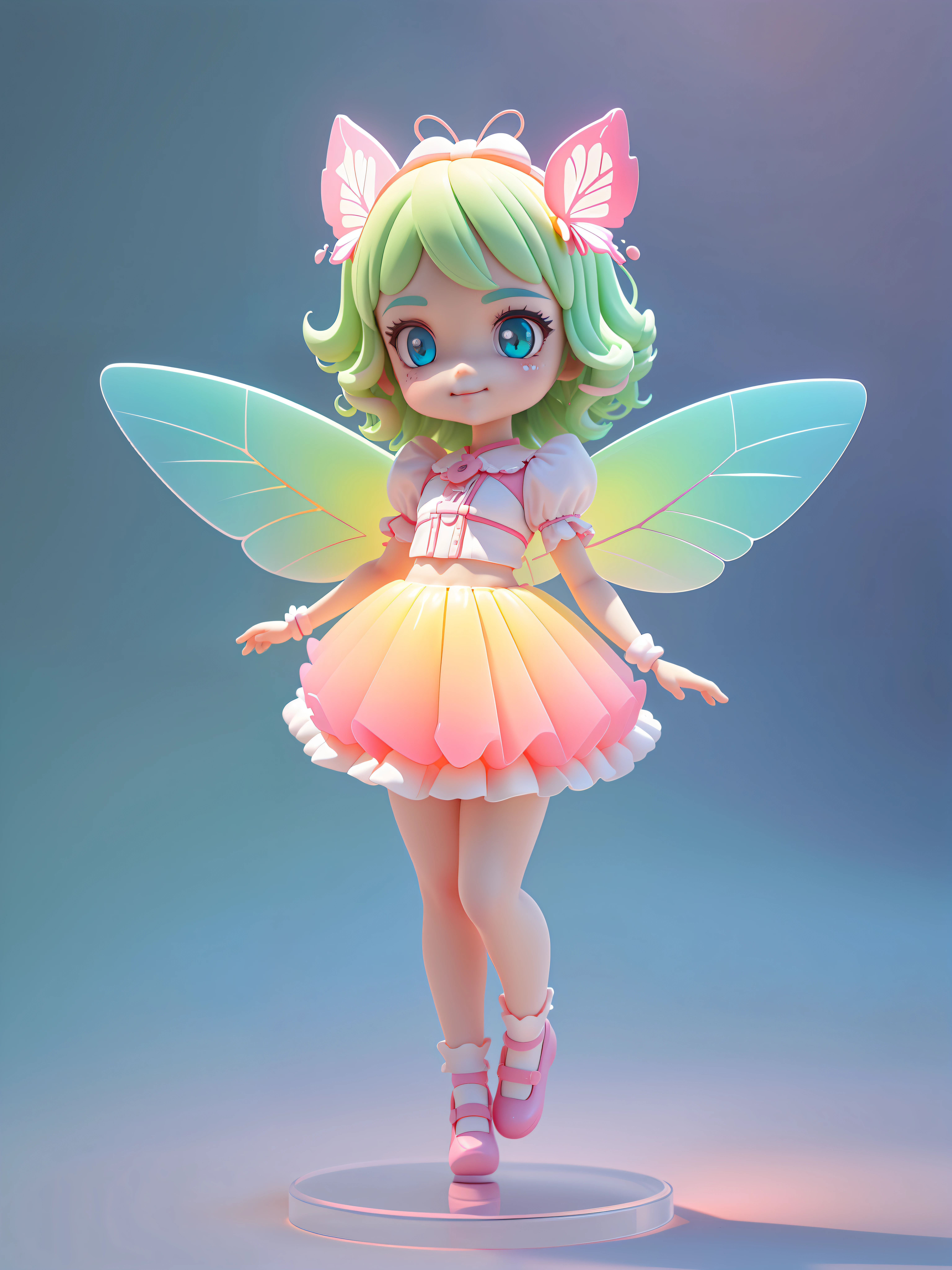 Detailed plastic material, (same character, front, side, back)) best quality, (very detailed model), (best quality), octane rendering, ray tracing, very detailed, 3D toy, exaggerated giant hair, girl (full body) (3D hair, cute hair accessories, ((kids)), beautiful eyes, cute big eyes, cute face, pink green gradient, drum skirt, cute skirt, chib, fluorescent translucent, colorful, plastic, children, transparent, product design, glowing jelly, Delicate and cute plastic, beautiful light and shadow 3D, digital art, translucent plastic bubblegum, close-up, 3D, super detailed, generate front view, side view, rear view three views, borderless, c4d, Octane rendering, Blender, HD, full body, simple background! Butterfly wings) ((body symmetry))) (smile) (full body portrait) (skirt to knee) (butterfly fairy) (fly up) (a girl) (face light) (skirt to knee) (skirt to knee) (skirt covers the thighs) (and detailed details) (masterpiece) (stand up straight) (beautiful butterfly wings) (face fill light) (a beam of light on the face)