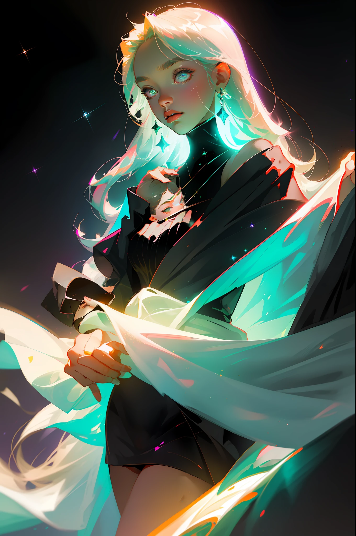 Masterpiece, best quality, super high resolution, fluorescent color,
1 girl, looking at the audience, beautiful face, beautiful eyes, (off-the-shoulder: 1.2), head up, upper body, forest, shiny hair, shiny skin, glowing cut, chibi, finger scale coordination, black starlight dress, particles