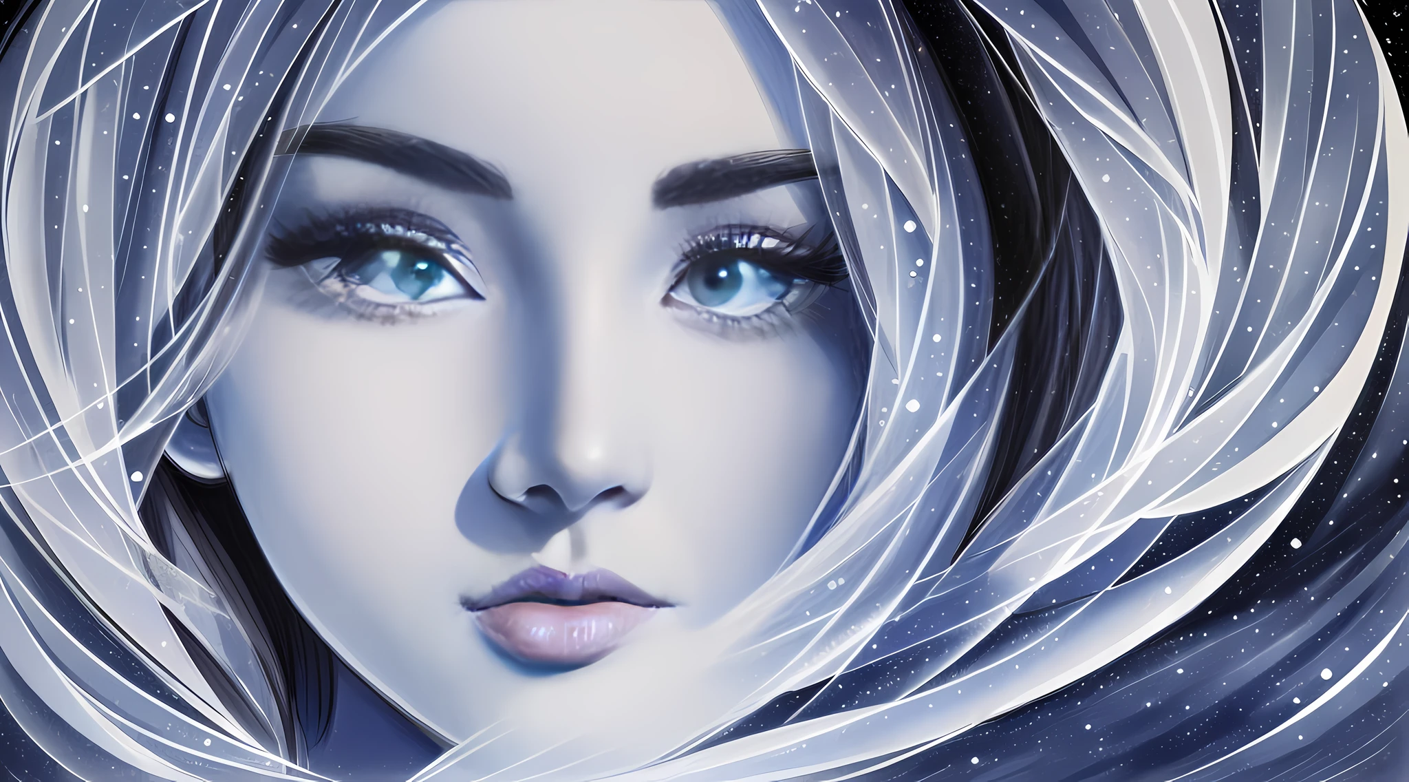 Masterpiece, (Best Quality: 1.2), (Super Fine: 1.2), Illustration, (Extremely Delicate and Beautiful: 1.2), Film Angle, Floating, (Beautiful Detail Eye: 1.1), (Detail Light: 1.1), Film Lights, Delicate Sky, Woman, White Hair, Blue Eyes, (High Ponytail: 1.1), Cloak, Glowing Eyes, (Moon: 1.2), (Moonlight: 1.1), Starry Sky, (Light Particles: 1.1), Fog , snow painting, sketching, blooming