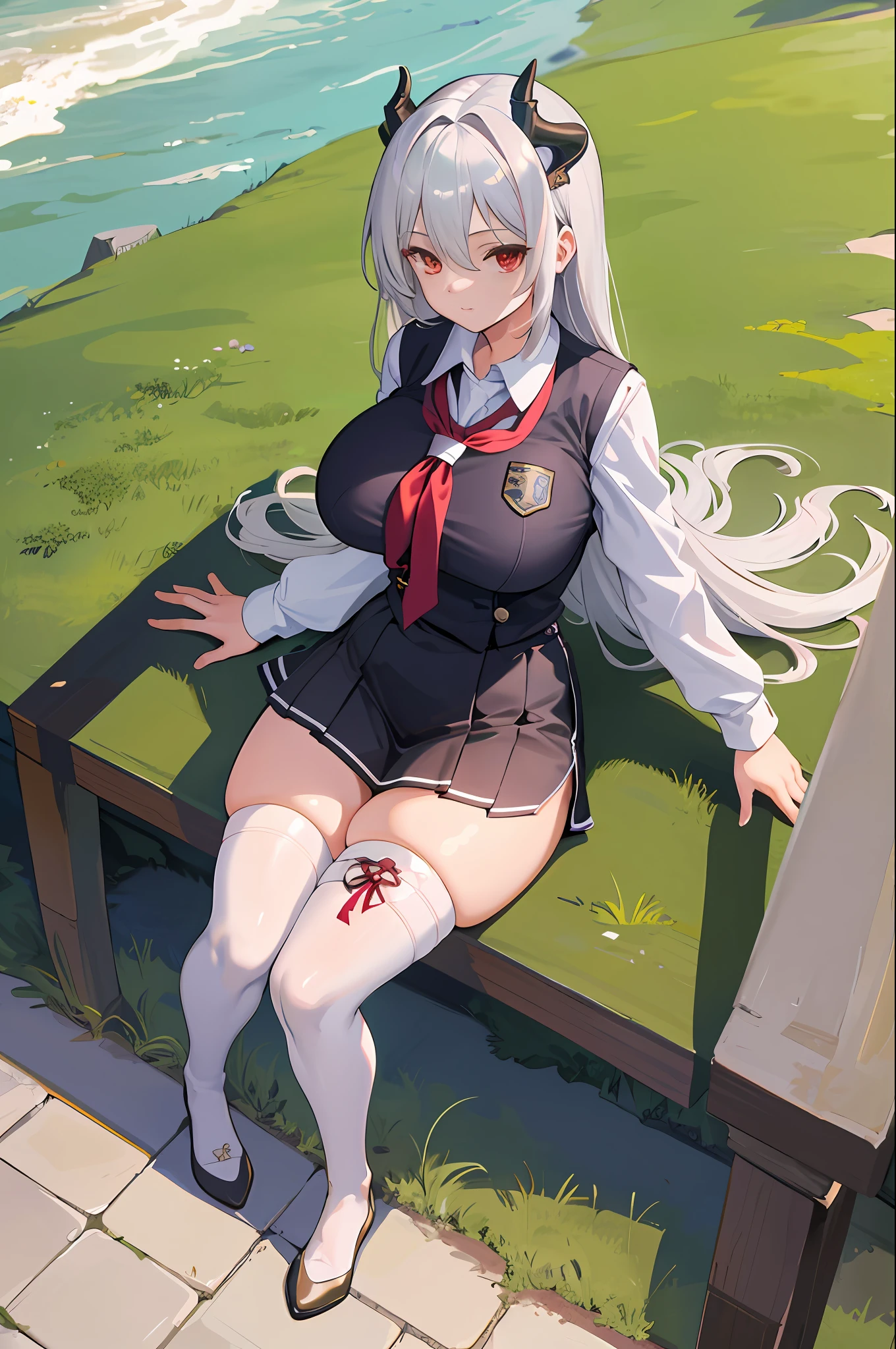 masterpiece, best quality, high_resolution, fine details, very detailed and beautiful, distinct_image, curvy,1 girl, solo, from above, silver hair, red eyes, dragon horns, (huge breasts), (),outdoor,, dolphin shorts, back arms,school uniform,thighhigh,miniskirt