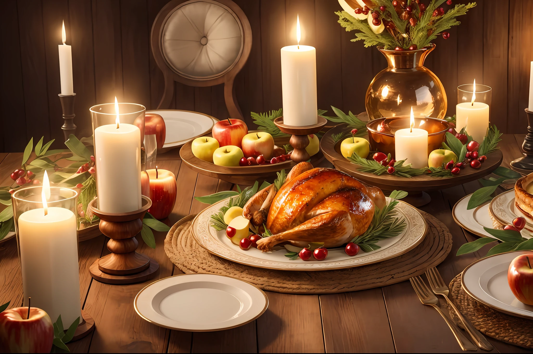 Burning aromatic candles adorn the table with a splendid turkey and apple pie candlelight dinner, warm and homely atmosphere, varnished wooden table reflecting the candlelight. highly detailed, unreal engine, UHD, photorealistic, realistic high definition, HDR, High octane render, 8k --auto --s2