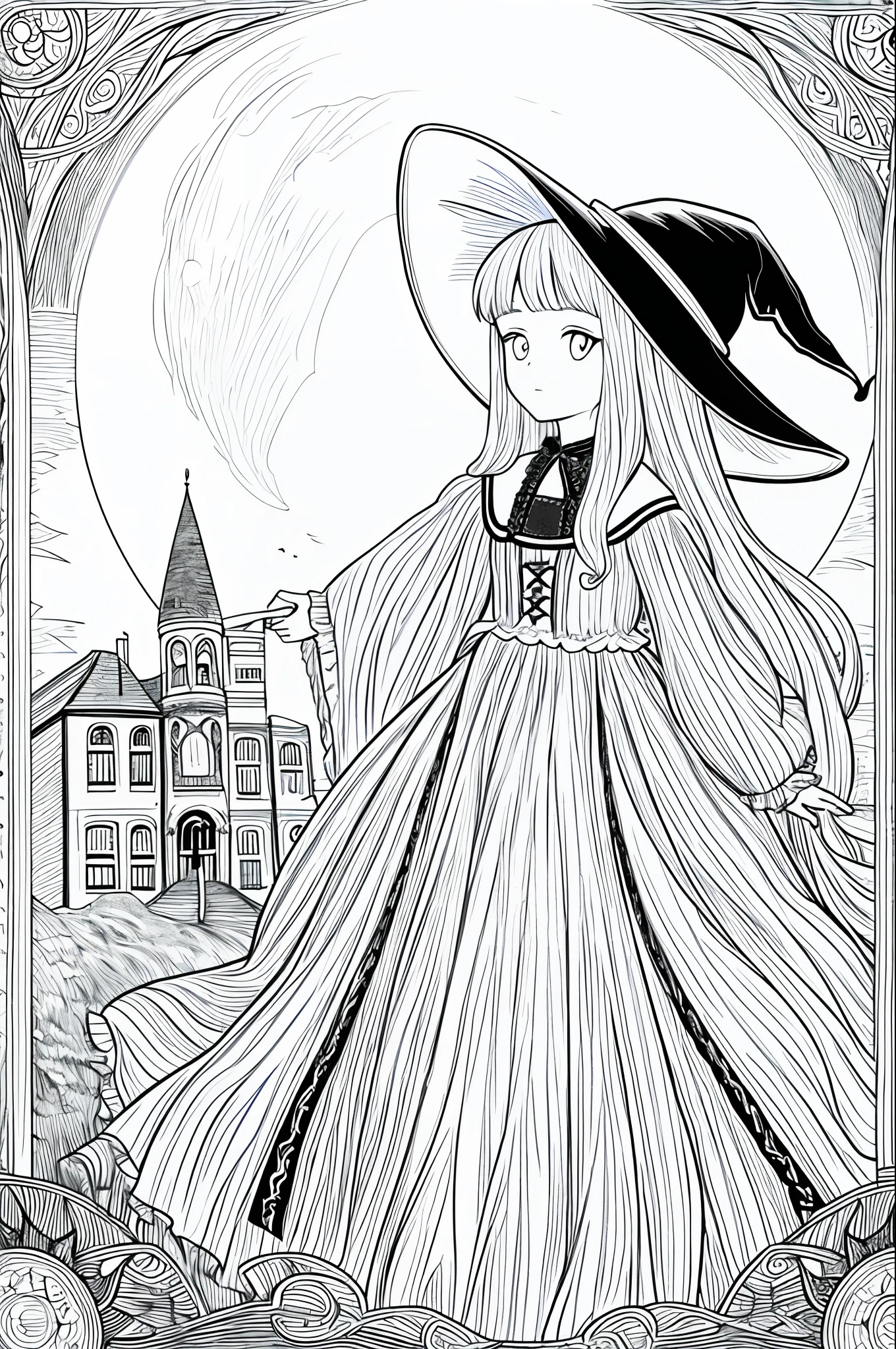 1girl, solo, witch, children's coloring page,long_hair, looking_at_viewer, witch hat, black cat, full moon, spooky old house, monochrome, lineart