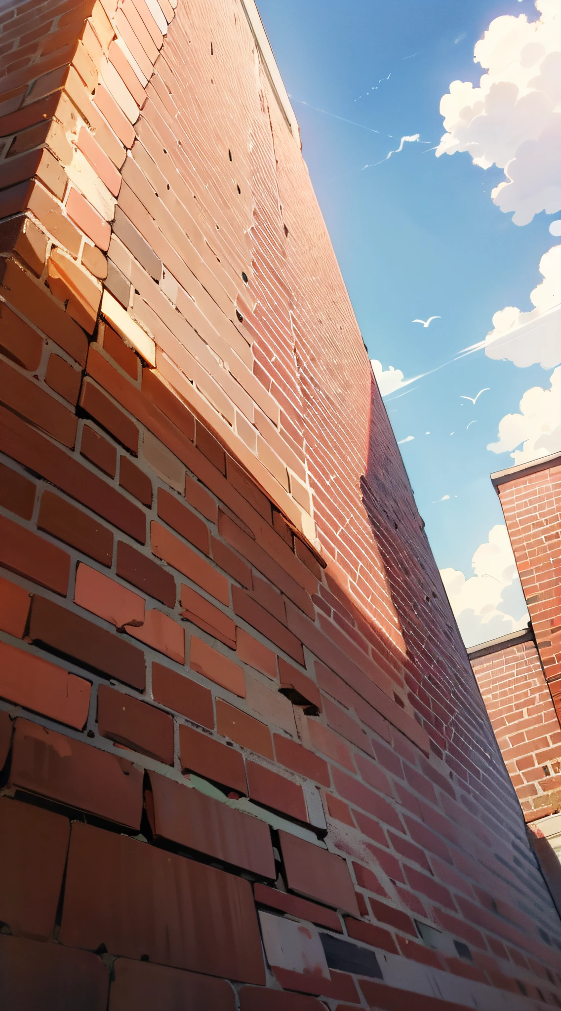 A tall brick wall, the brick wall rises above the sky, the brick wall towers into the sky
