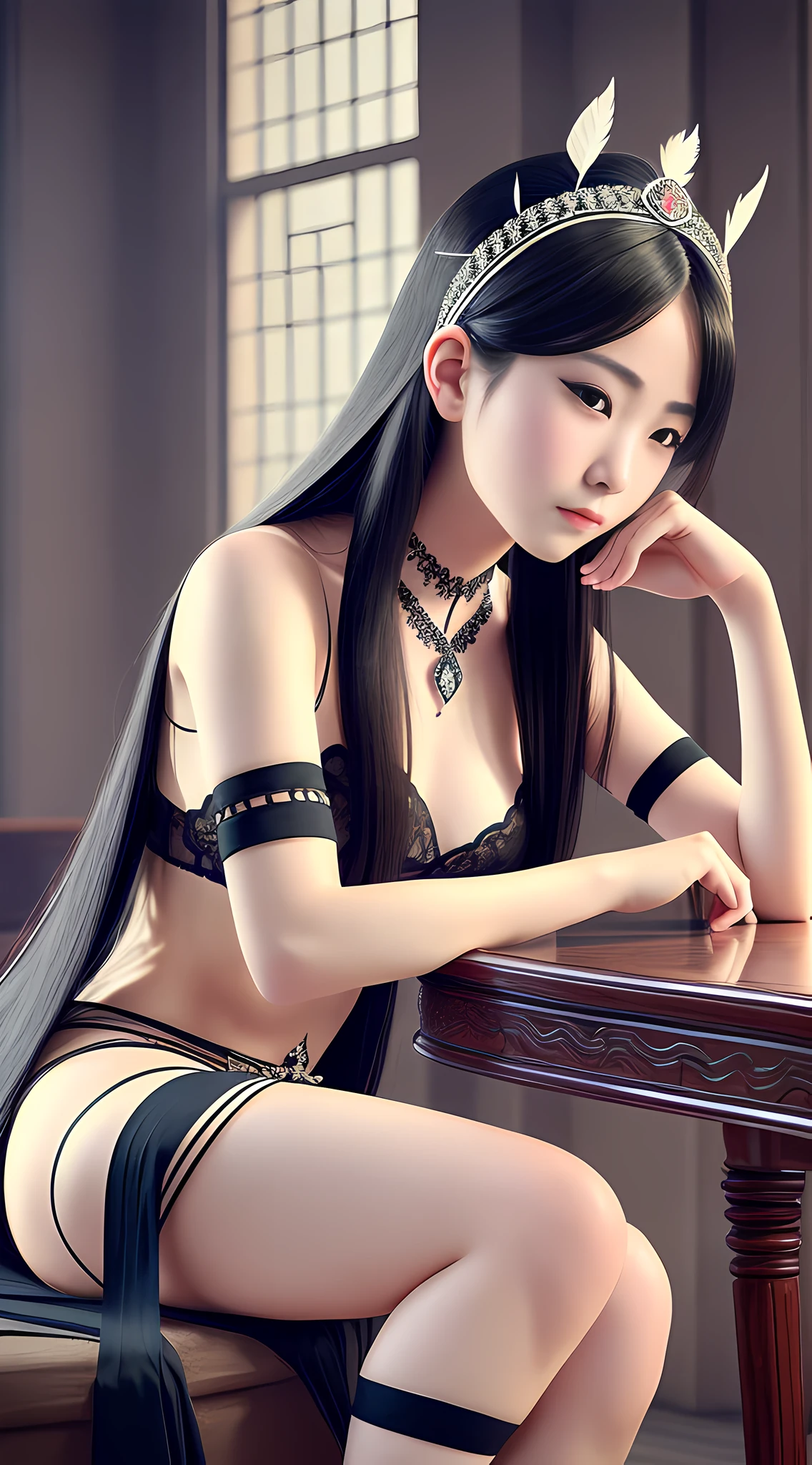 There is a woman in a headdress sitting at a table, a masterpiece by Guvitz, Guvitz, a work of art in the style of Guvitz, shot on the Canon EOS R 6, the white-haired Tifa Lockhart, inspired by Lan Ying, wlop and Sakimichan, popular on CGSTATION, by Leng Mei, inspired by Li Fangying, aesthetic, realistic, sexy, lazy, gothic