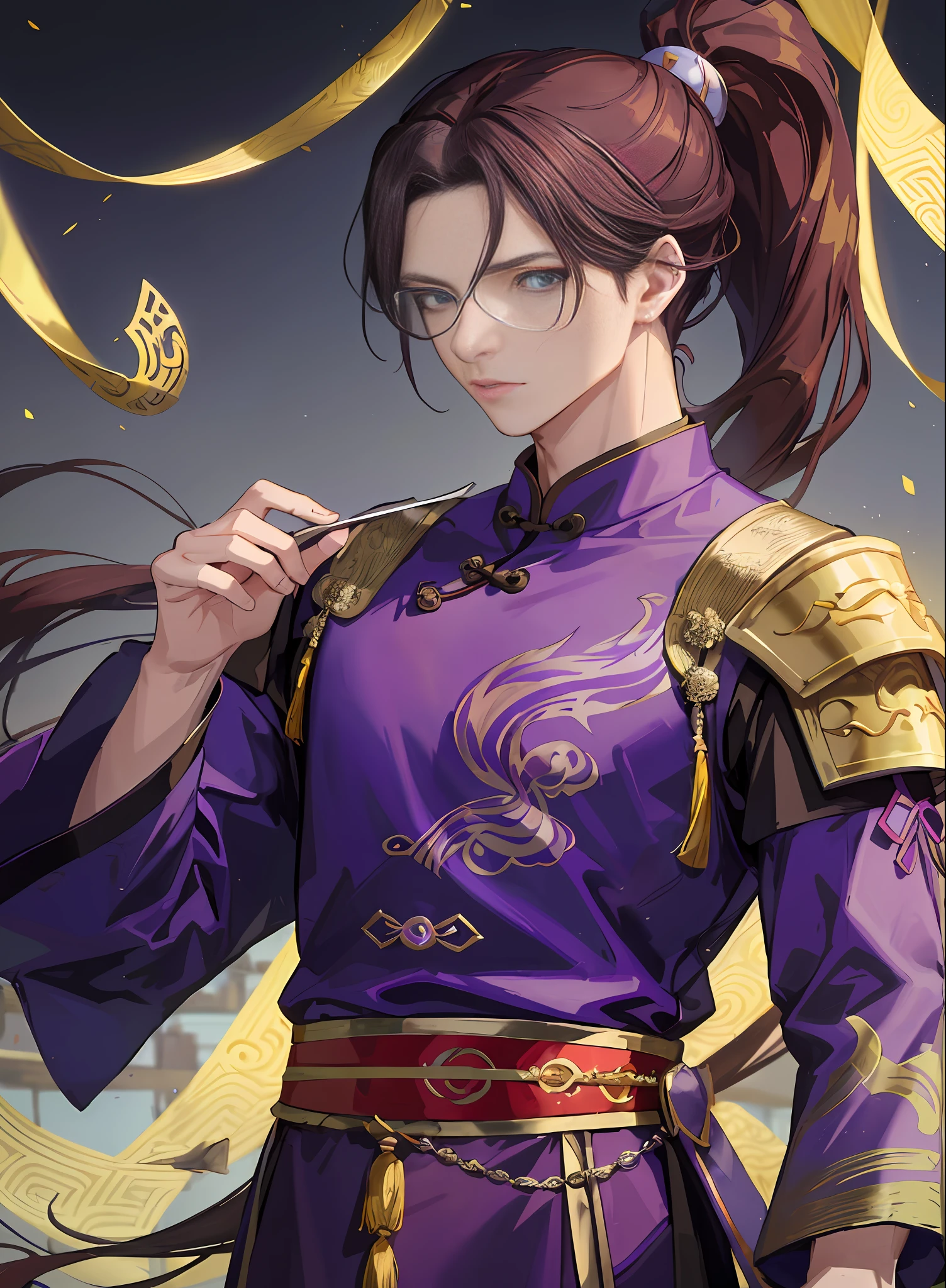 anime character with long hair and purple outfit holding a knife, beautiful androgynous prince, heise jinyao, keqing from genshin impact, handsome guy in demon slayer art, inspired by Huang Shen, delicate androgynous prince, inspired by Guan Daosheng, zhongli from genshin impact, inspired by Zhao Yuan, inspired by Bian Shoumin