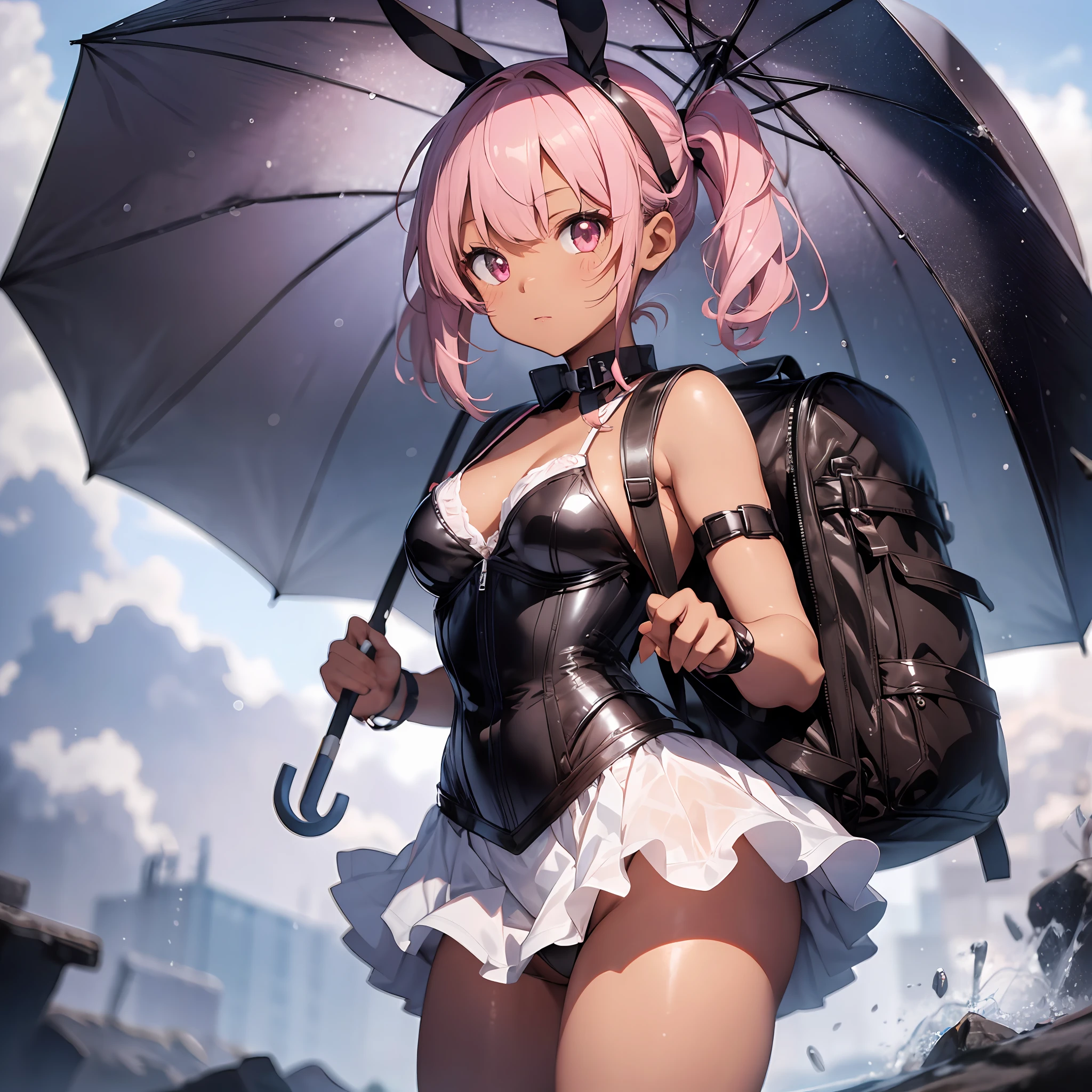 A lot of umbrellas in the backpack, thick eyebrows, huge backpack, rain pattern, bikini and corset fusion, (dark skin: 1.3), brown skin, movie lighting, small breasts, beautiful light pink hair, rabbit ears, (masterpiece), ((best quality)), (super detailed), glossy skin, full body anime girl, clean and detailed anime face, high resolution anime eyes, five fingers, Textile shading, perfect human structure, perfect anatomy,
