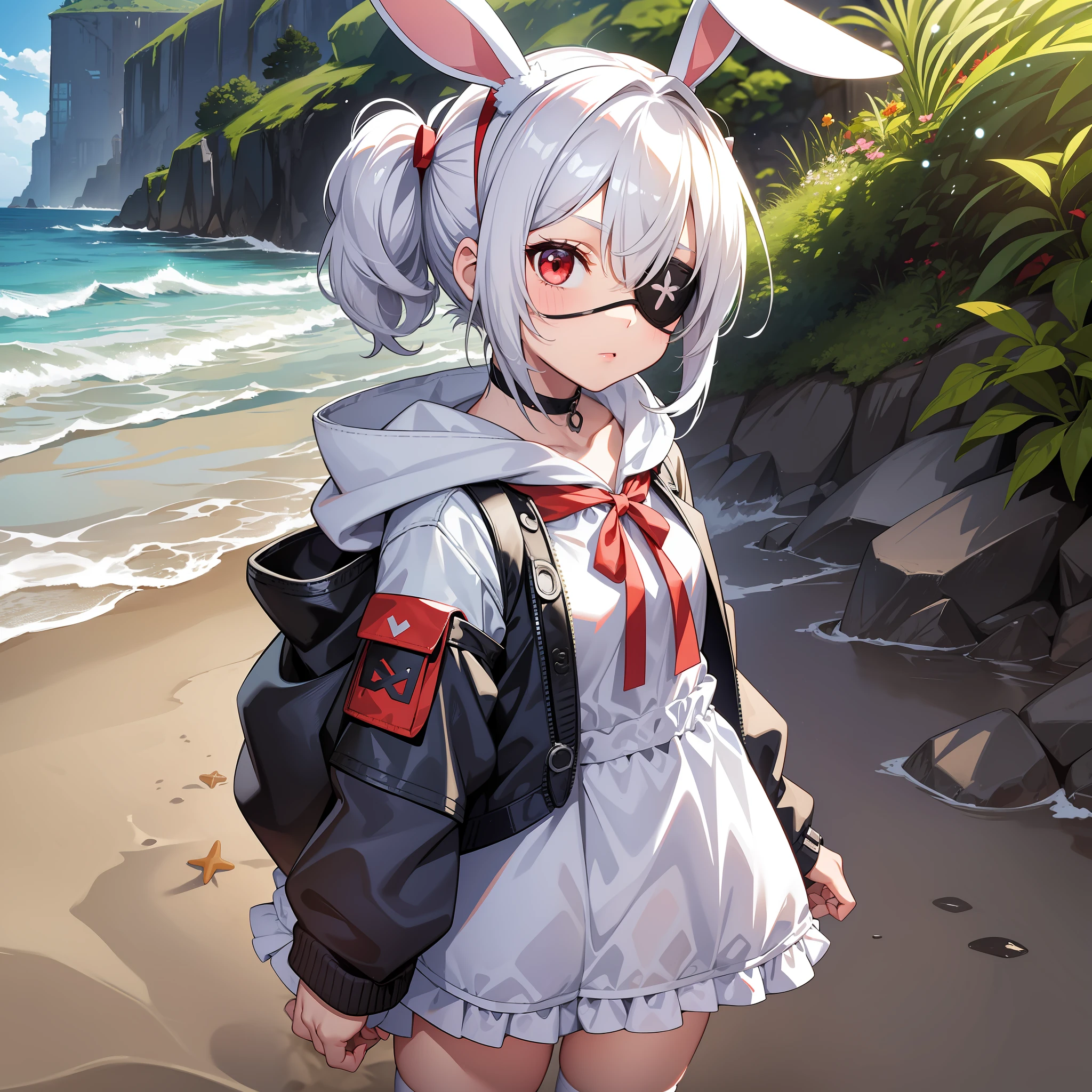 One girl, wearing one white eyepatch, holding a stuffed bunny, short white hair in two pigtails l, With a Hood, bunny ear accessories, Wearing a white short dress, red eyes, full body, Staring at the beach in the afternoon ha