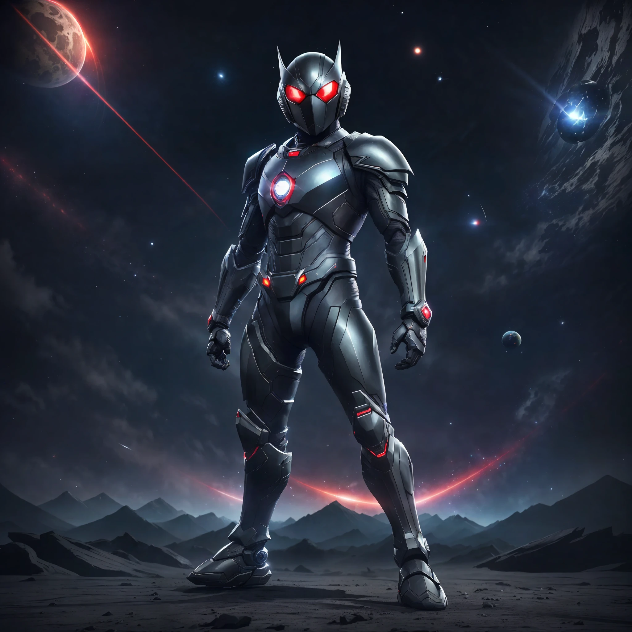 (A person in a very dark black suit, Kamen rider Ryuga style) 1.5), ((sharp black armor, stealth armor) 1.3), Tokusatsu, Dark, ((Environment: Outer space with planet in the background) 1.4), UHD, 16K, ((armored uniform) 1.5), ((Red Eyes) 1.6), anatomically correct --auto --s2