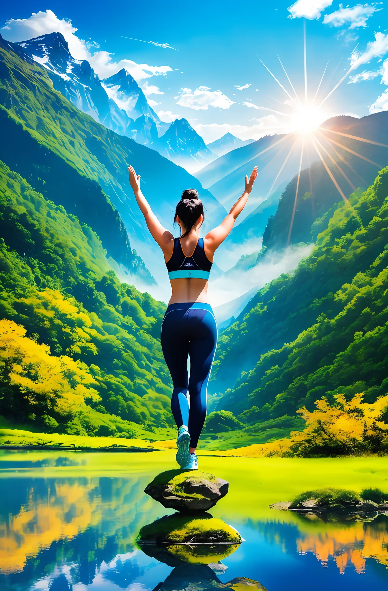 "Imagine a cover image that conveys the powerful connection between mind and body during a journey of transformation. The scene takes place in a serene and inspiring environment. The central figure is a radiant person with a confident and determined expression. She's standing, wearing comfortable exercise clothes, her arms raised in a gesture of empowerment. Soft sunlight bathes the scenery, highlighting a lush background with natural elements such as forests, mountains or a verdant field.
Around the central person, visual symbols represent mental and emotional transformation. Think of elements like butterflies, symbolizing metamorphosis and change, or puzzles, representing the reconstruction of the mind. These symbols float delicately and harmoniously around the person, suggesting the synchrony between mind and body.
The image as a whole should convey a sense of hope, resilience and potential. It should capture the idea that mental transformation is the key to achieving balance and health throughout the body.