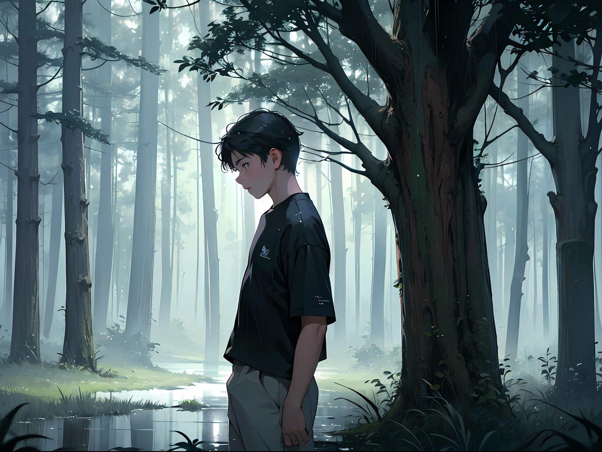 Cinematic texture, masterpiece, exquisite, 8k resolution, super detailed, high quality, night, heavy rain, large raindrops, grass, a big tree, a boy standing under a tree, short sleeves, , delicate facial features, clear expression, side face, head down, sadness, far shot
