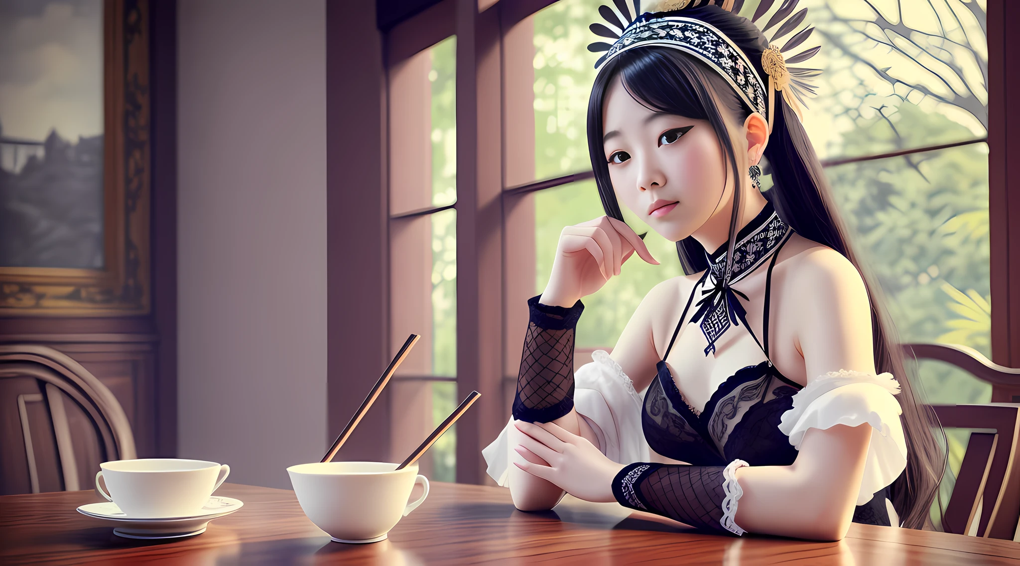 There is a woman in a headdress sitting at a table, a masterpiece by Guvitz, Guvitz, a work of art in the style of Guvitz, shot on the Canon EOS R 6, the white-haired Tifa Lockhart, inspired by Lan Ying, wlop and Sakimichan, popular on CGSTATION, by Leng Mei, inspired by Li Fangying, aesthetic, realistic, sexy, lazy, gothic