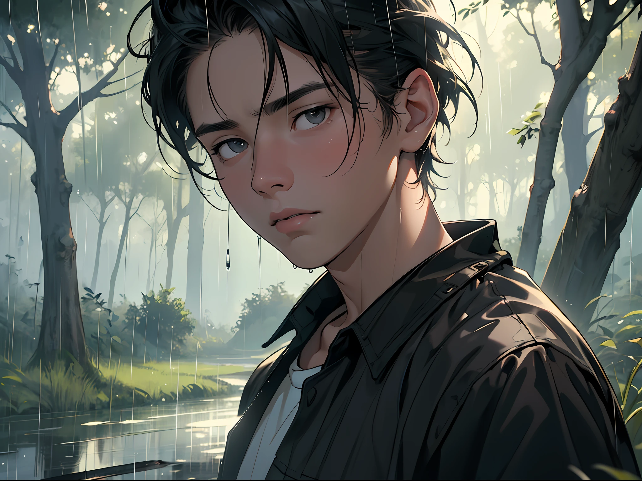 Anime boy with wet hair and black jacket standing in the rain - SeaArt AI