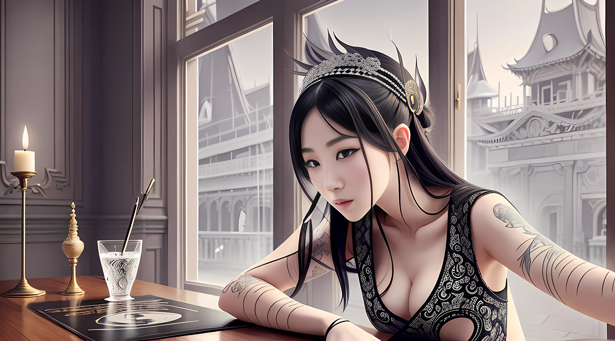 There is a woman in a headdress sitting at a table, a masterpiece by Guvitz, Guvitz, a work of art in the style of Guvitz, shot on the Canon EOS R 6, the white-haired Tifa Lockhart, inspired by Lan Ying, wlop and Sakimichan, popular on CGSTATION, by Leng Mei, inspired by Li Fangying, aesthetic, realistic, sexy, lazy, gothic