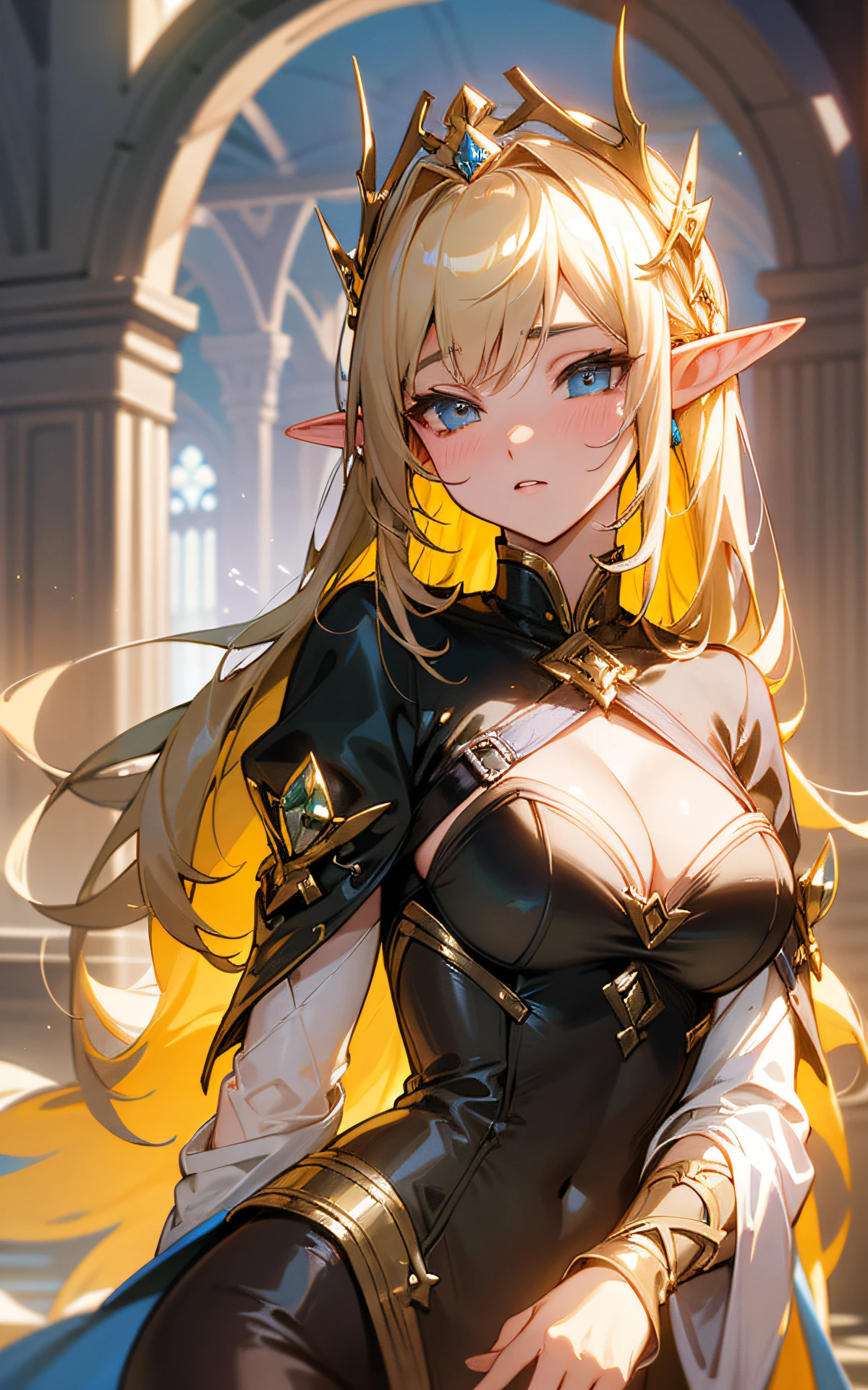 (Original Character、Unity 16K Wallpaper, Masterpiece, Best Quality, Ultra-Detailed, Extremely Detailed CG, Caustics, Cinematic Lighting, Detailed, Beautiful Detailed Eyes, solo), Ultra High Resolution, fine skin, (elf, curby), (strong light)、((brighten the subject)),outdoors,cleavage,blush,cowboy shot,Mysterious,lake,elf queen:1.2、gold hair
