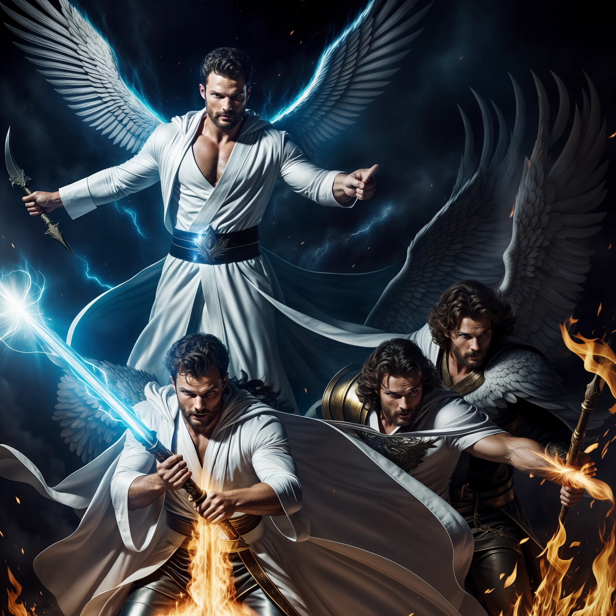 Archangel Michael and two heavenly angels fighting Lucifer in Heaven, many angels, great white wings, holding flaming sword, white robe, around heavenly flames, Jamie Dornan Archangel Michael, Tom Ellis Lucifer, battle in the heavens, wearing short black beard, focus on the details of the face, coming out happy rays, serious and attractive man, wearing white robe, magical and real effect,  film cover, with magical light explosions, powerful celestial warrior, similar to actor Jamie Dornan, dark black image background, (8k, RAW photo, best quality, masterpiece: 1.2), (realistic, photorealistic: 1.37), professional lighting.
