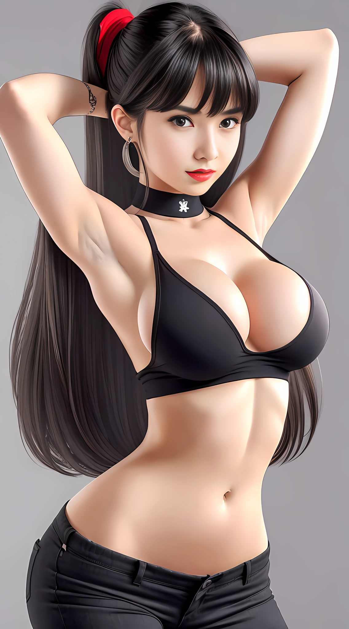 girl, bangs, bare shoulders, black pants, breasts, breasts squeezed together, gray background, hair between eyes, long hair, view viewer, pants, parted lips, red eyes, shirt, simple background, sleeveless, sleeveless shirt, solo, turtleneck, V-arms, gray hair, (shiny skin), (masterpiece: 1.4), (best quality: 1.4), ,,, Facigirl, red lips, perfect abs, navel, (:1.5), (transparent areola), , huge, sweat, (stroking your own pose)