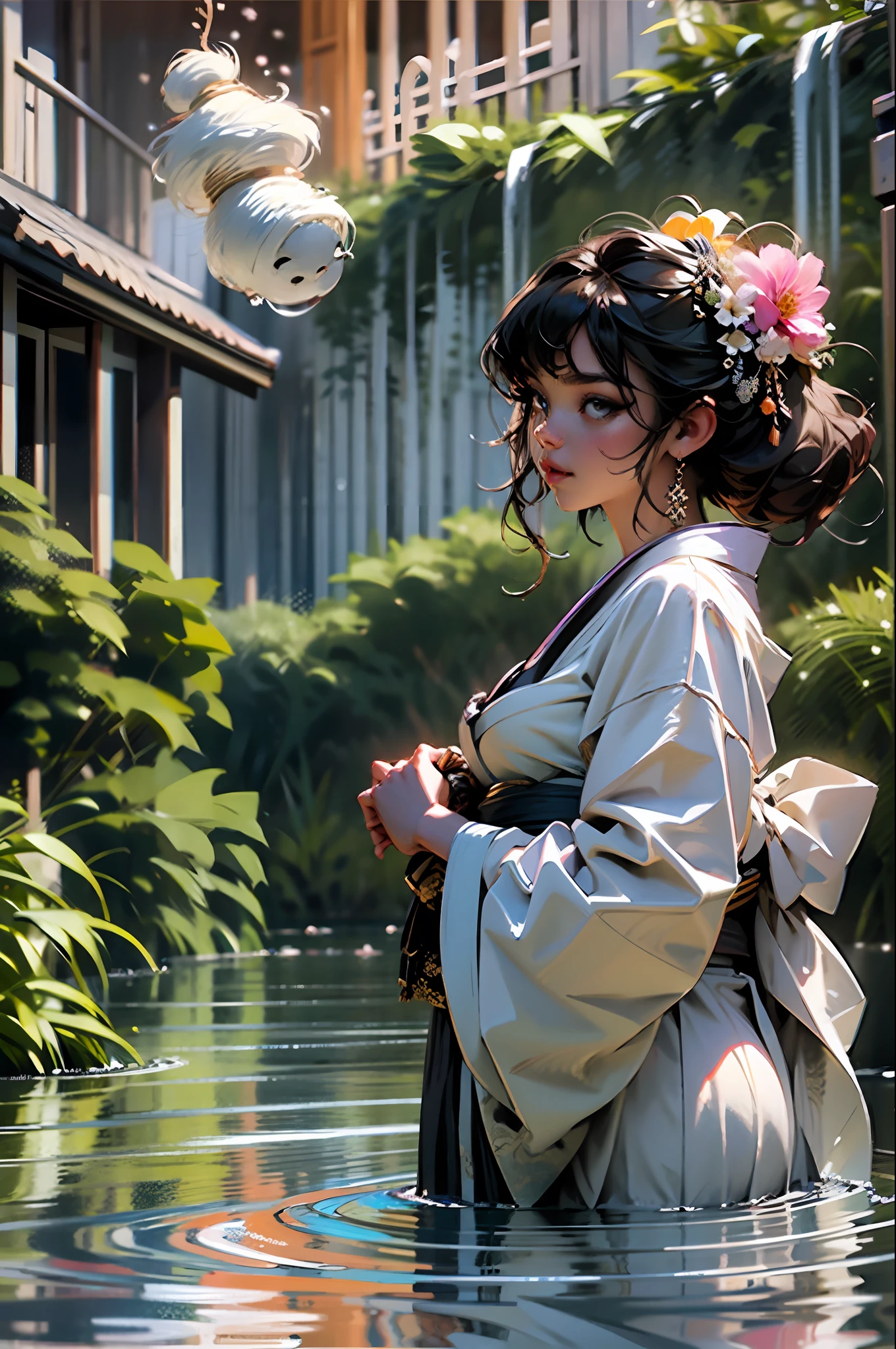 1girl, breasts, moon, lantern, night, solo, large breasts, hair ornament, wet, kimono, japanese clothes, wading, water, hair flower, flower, outdoors, sky, full moon, rain, black hair, off shoulder, mountain, cloud, holding, sash, bare shoulders, paper lantern, standing, white kimono, night sky, sideboob, obi, wet clothes, bangs, tree, from side, reflection, short hair, cloudy sky, wet hair (((masterpiece),(extremely detailed CG unity 8k wallpaper),best quality,,solo,1girl,cinematic lighting,detailed background,beautiful detailed eyes,bright pupils, (an extremely delicate and beautiful),(Beautiful and detailed eye description), ultra-detailed,masterpiece,)),