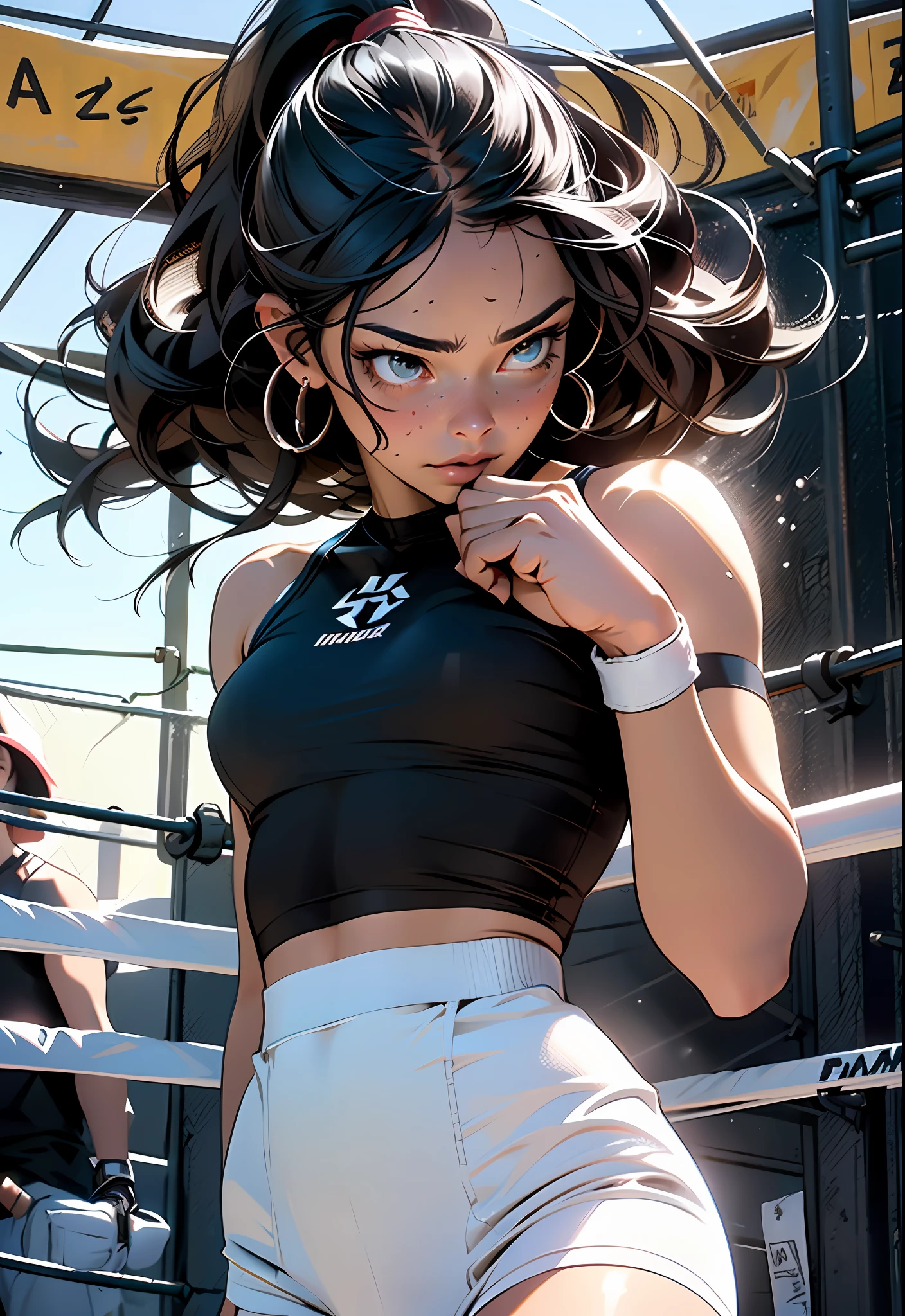 (original) , (very detailed wallpaper) , (best quality) , (masterpiece) , photographic reality, realistic, very detailed illustrations, (1 girl) , beautiful eyes, (delicate face) , perfect detail, (best lighting) , (super complex details) , 
 (boxing girl) , (aggressive punching) , sweat, heavy breathing, (oppressive attack) , (boxing ring) , athletic shorts, perfect detail, perfect fingers, perfect limbs, impact, (shiny skin) , abs, muscles, waistline,boxing shorts, fist fight, black hair, high ponytail, very long hair, 
4K unified, (super detailed CG: 1.2) , (8K: 1.2) , realistic, octane rendering