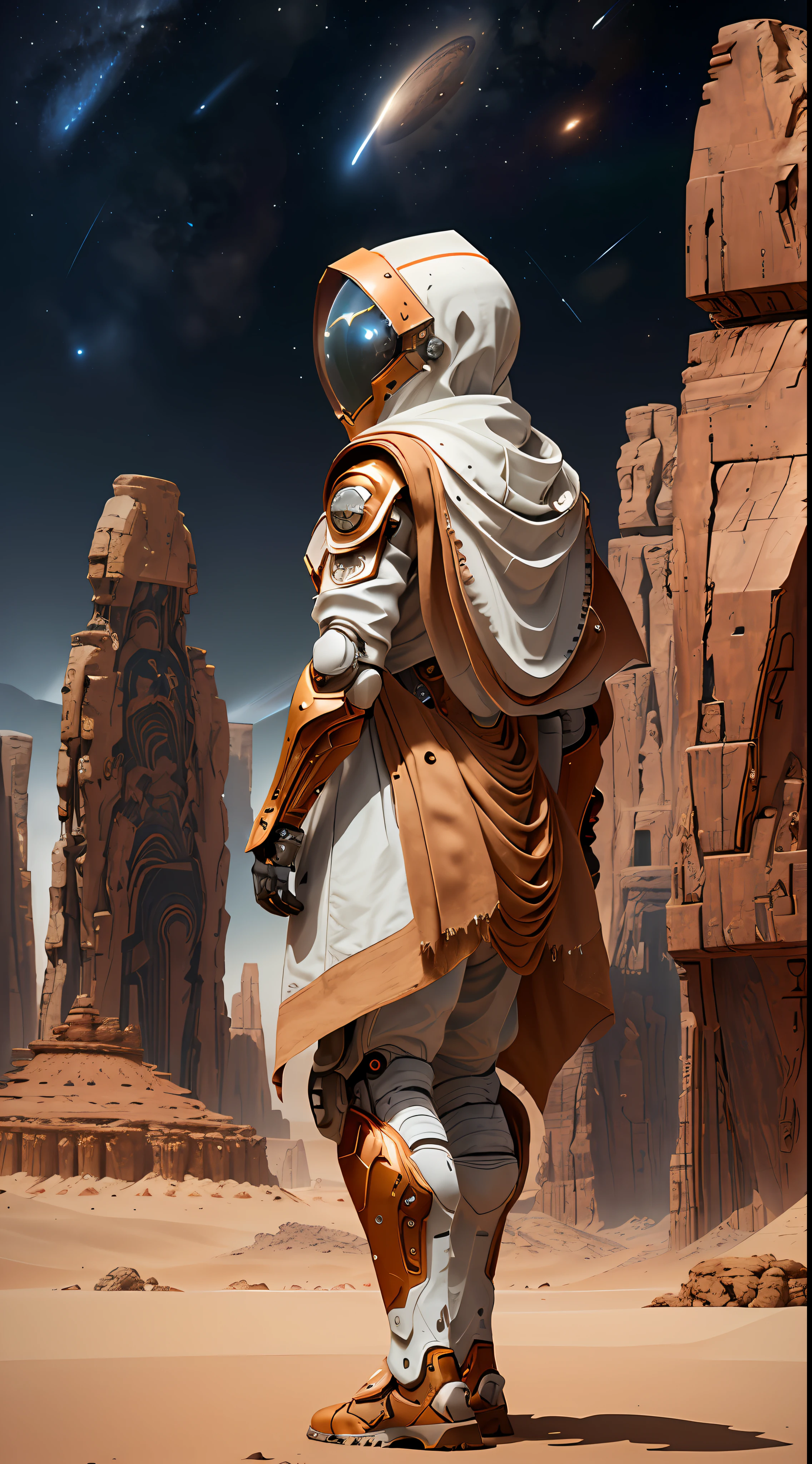 a man in a space suit standing in the desert, polycount contest winner, afrofuturism, 8k detail, wearing sci - fi cloak with hood, anfas portrait of a mech warrior, 8k octae render photo, retrofuturistic female android, red desert mars, detailed armor with white scarf, shading unreal engine 5