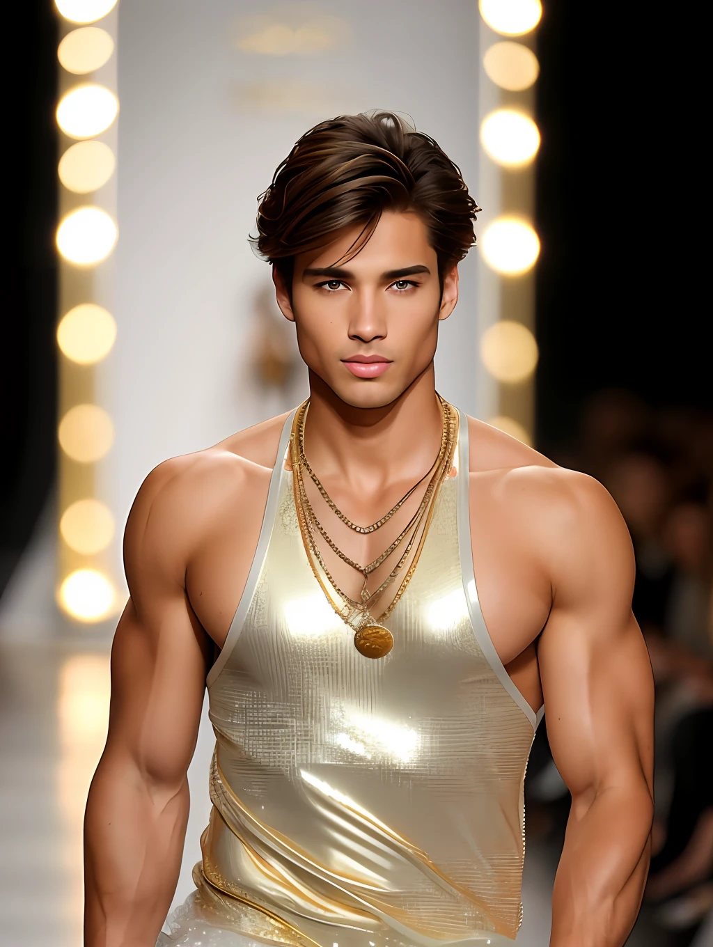 photo of a stunning handsome Brazilian male supermodel, honey eyes, short messy windy light brown hair, flipping hair, closeup zoomed in tight crop portrait, walking down a (runway at a fashion show scene models people:1.2) wearing a (casual designer clothing:1.3) (expensive cellphone on his hand:1.3) (Lighting-Gold:1.2) foreground objects background details (masterpiece:1.2) (photorealistic:1.2) (bokeh:1.2) (best quality) (color grading) (detailed skin:1.3) (intricate) (8k) (HDR) (cinematic lighting:1.3) (sharp focus), messy windy hair