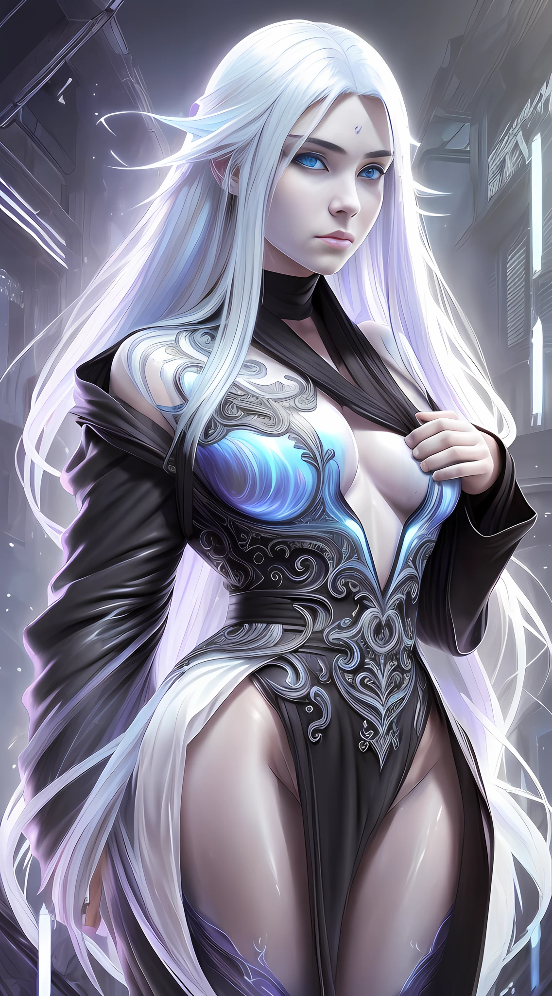cyberpunk girl, fantasy world, dark background, clean design, epic Instagram, artstation, colorful paint splash, silhouette, ultra-detailed intricate details, Unreal engine, fantasy, complex details, splash screen, complementary colors, fantasy concept art, 8k resolution, deviantart masterpiece, oil painting, heavy stroke, paint dripping, (isolated on white background: 1.3), rainbow skin, (((handsome young man))), (( teenage:1.5)), (glowing blue eyes), ((eyes with light)), (((long white hair: 1.1))), ((black)), (princess \\ (indifferent expression\\), (((wearing high-detail multi-layered luxury black robe))), white hair, (abs) (large pectoral muscles) (appropriate posture)